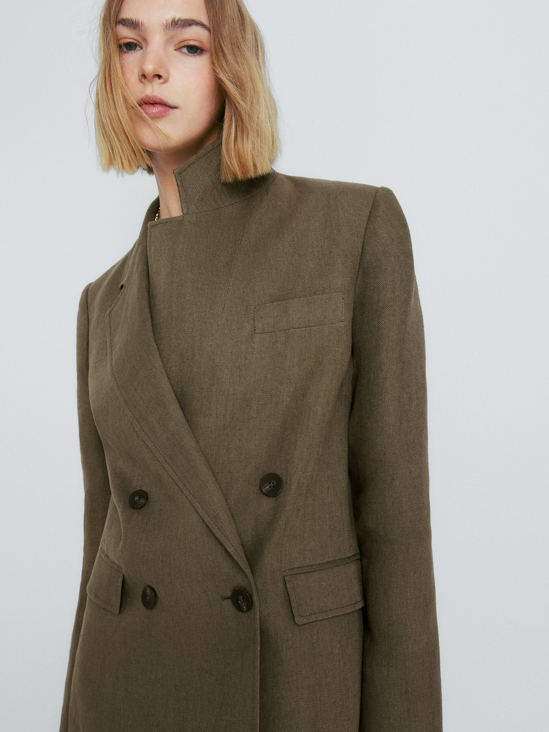 Americana traje cruzada lino rústico - OLIVA OSC