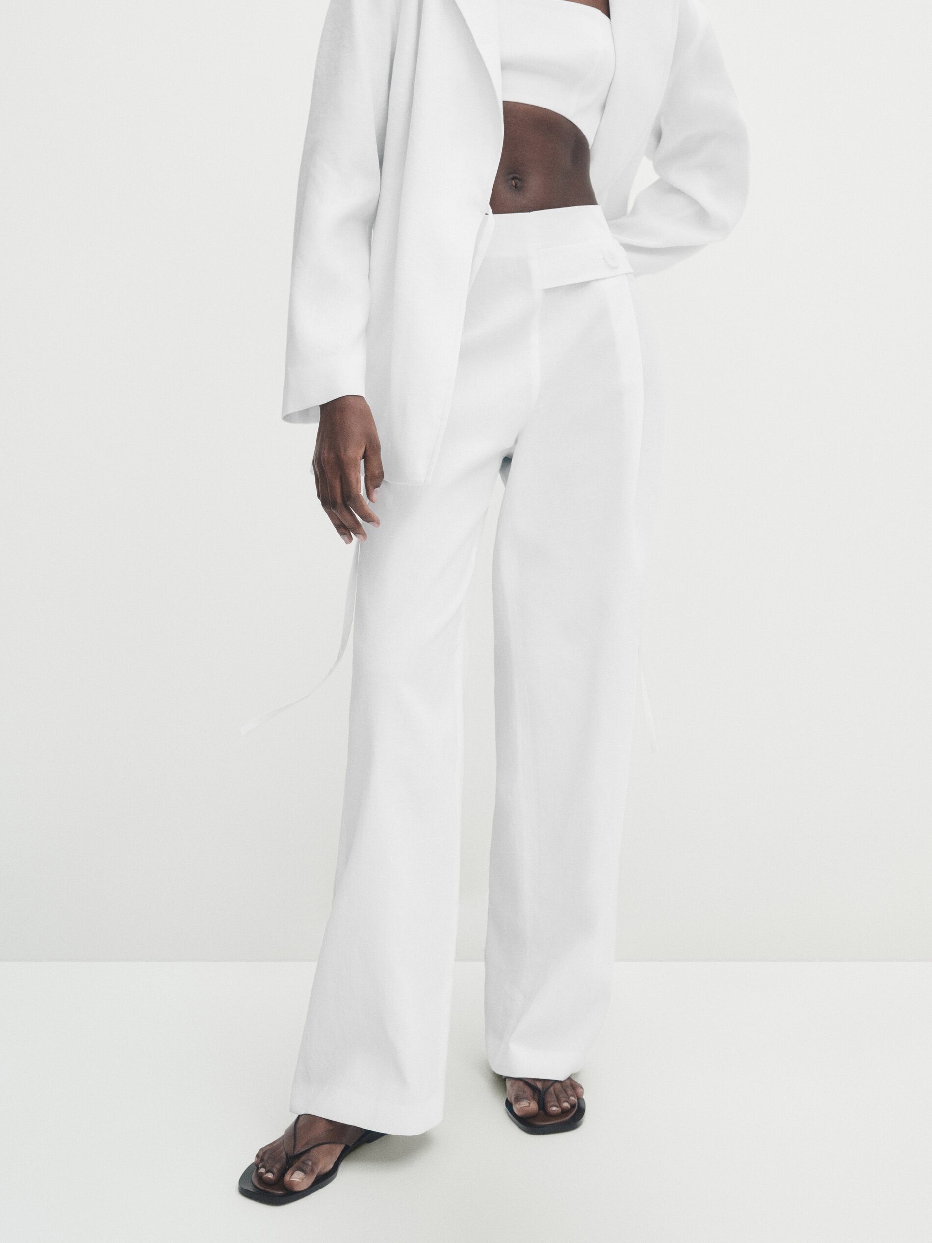 Pantalón ancho lino encerado tira abotonada - BLANCO