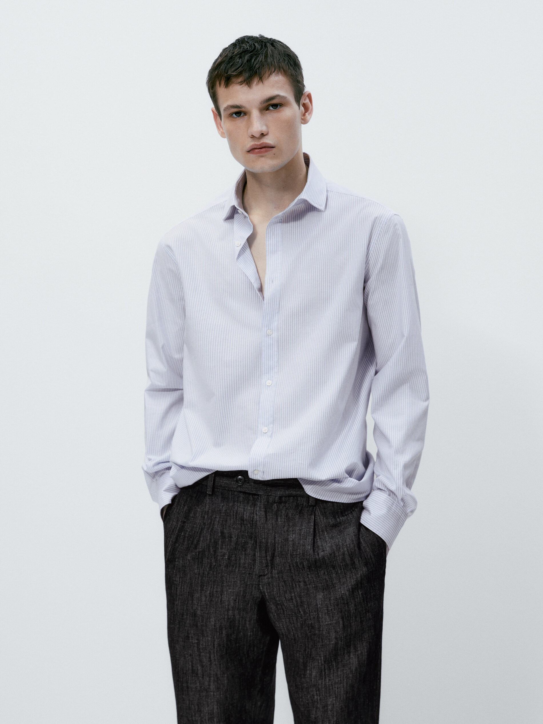 Camisa oxford rayas algodón slim fit - CELESTE