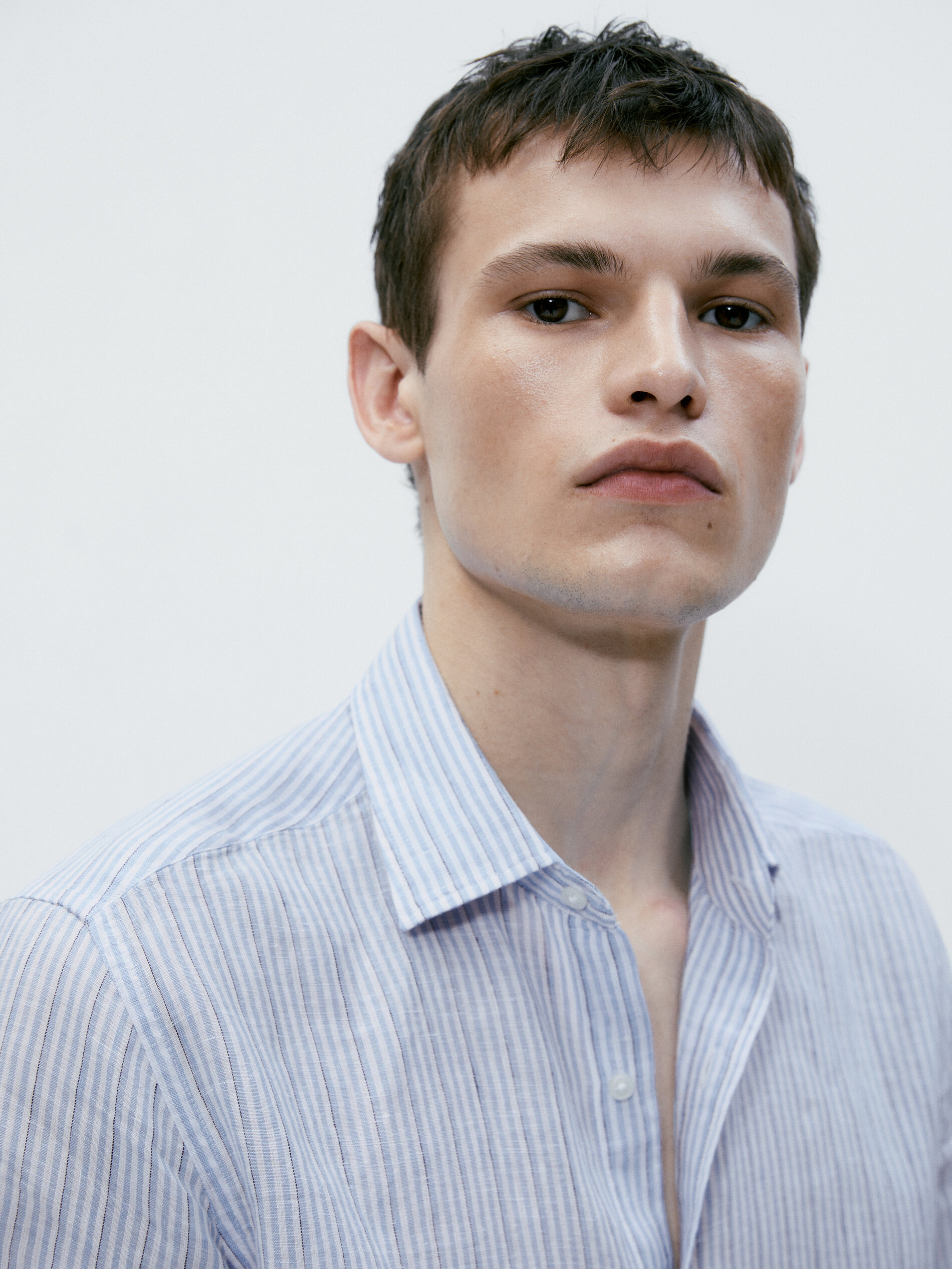 Camisa rayas 100% lino slim fit - CELESTE