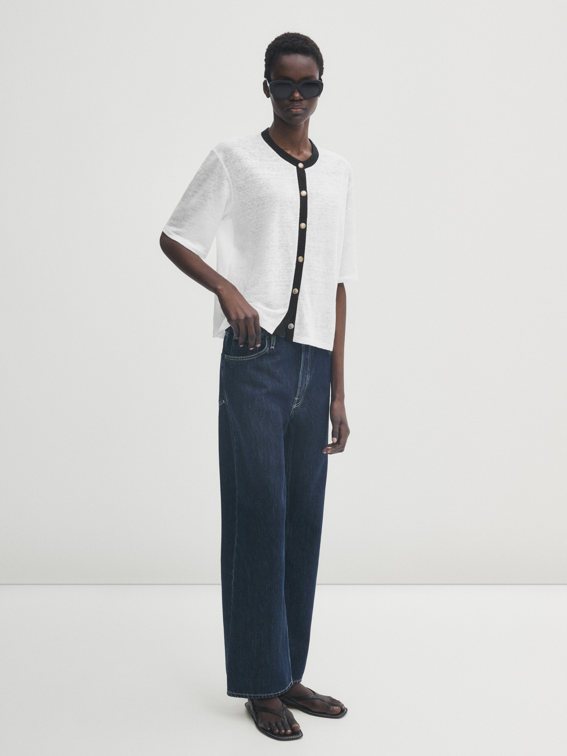 Camiseta lino contraste botones - CRUDO