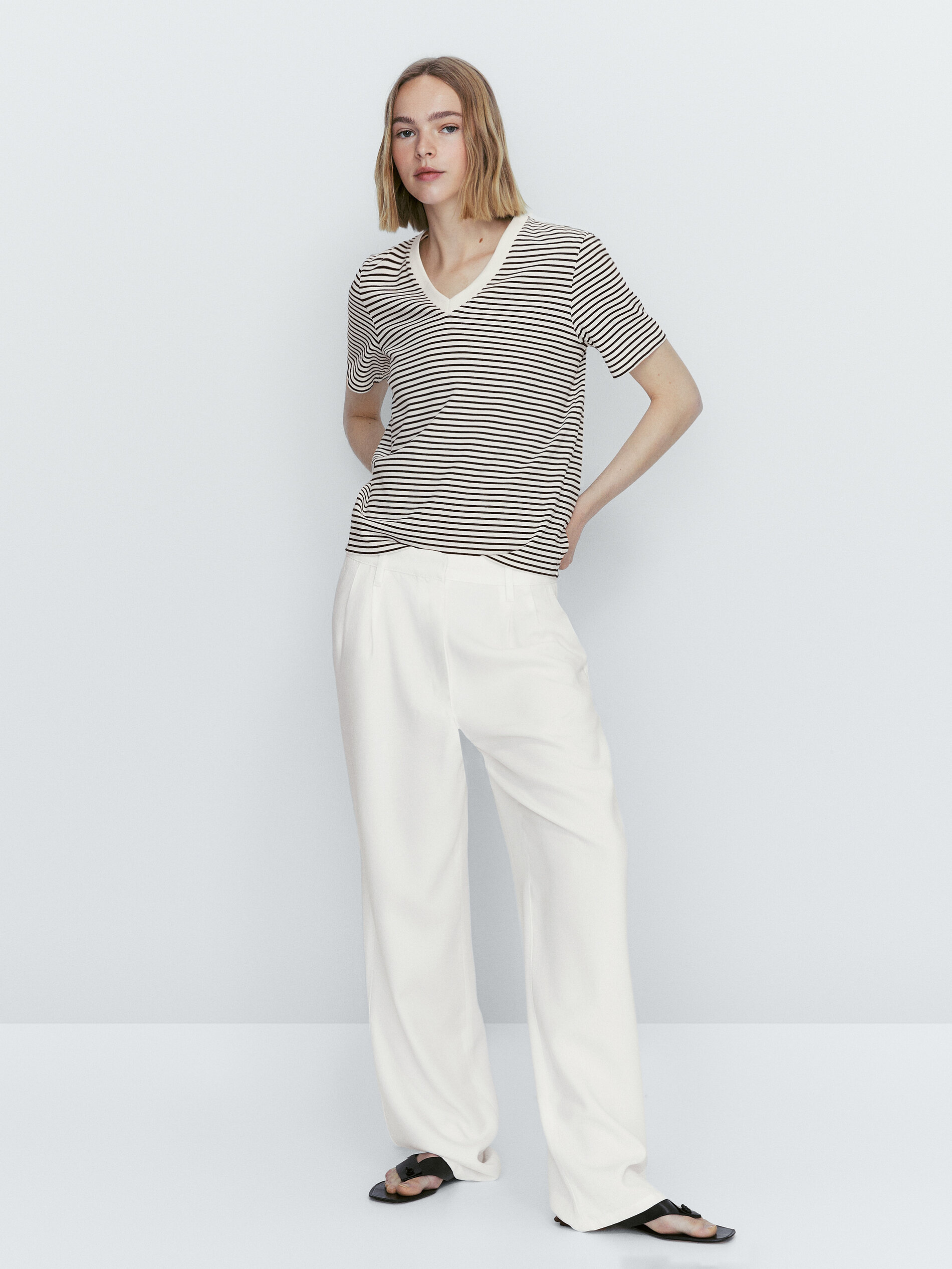 Camiseta rayas cuello pico contraste algodón - CRUDO