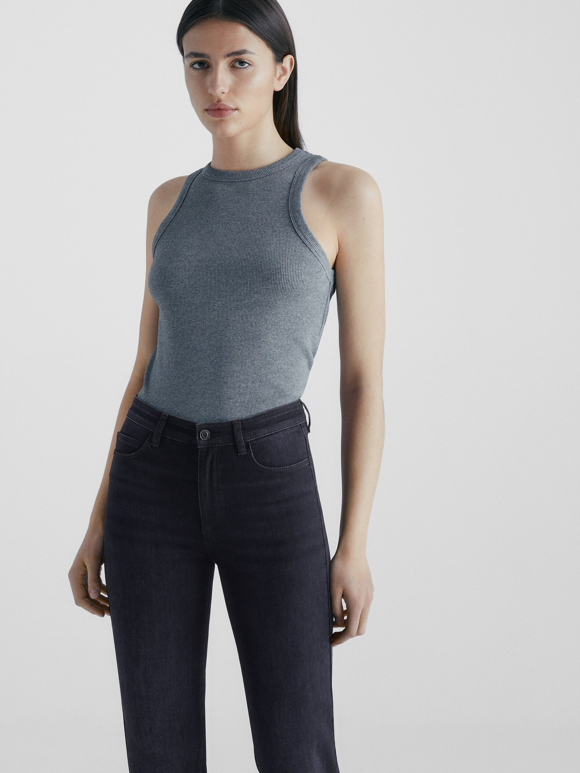 Pantalón vaquero tiro alto skinny flare - Azul oscuro