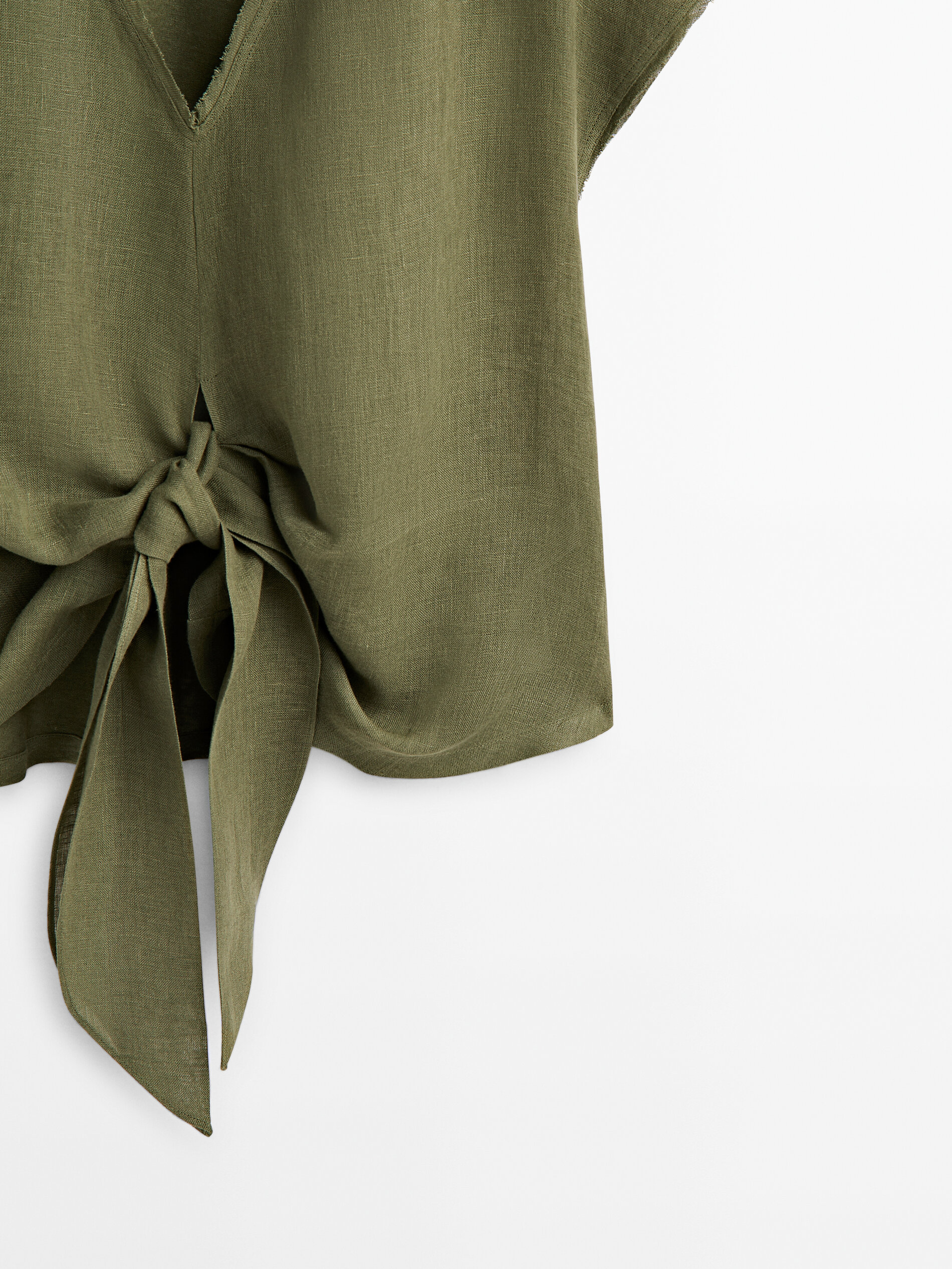 Camiseta mezcla lino nudo frontal - KAKI CLARO