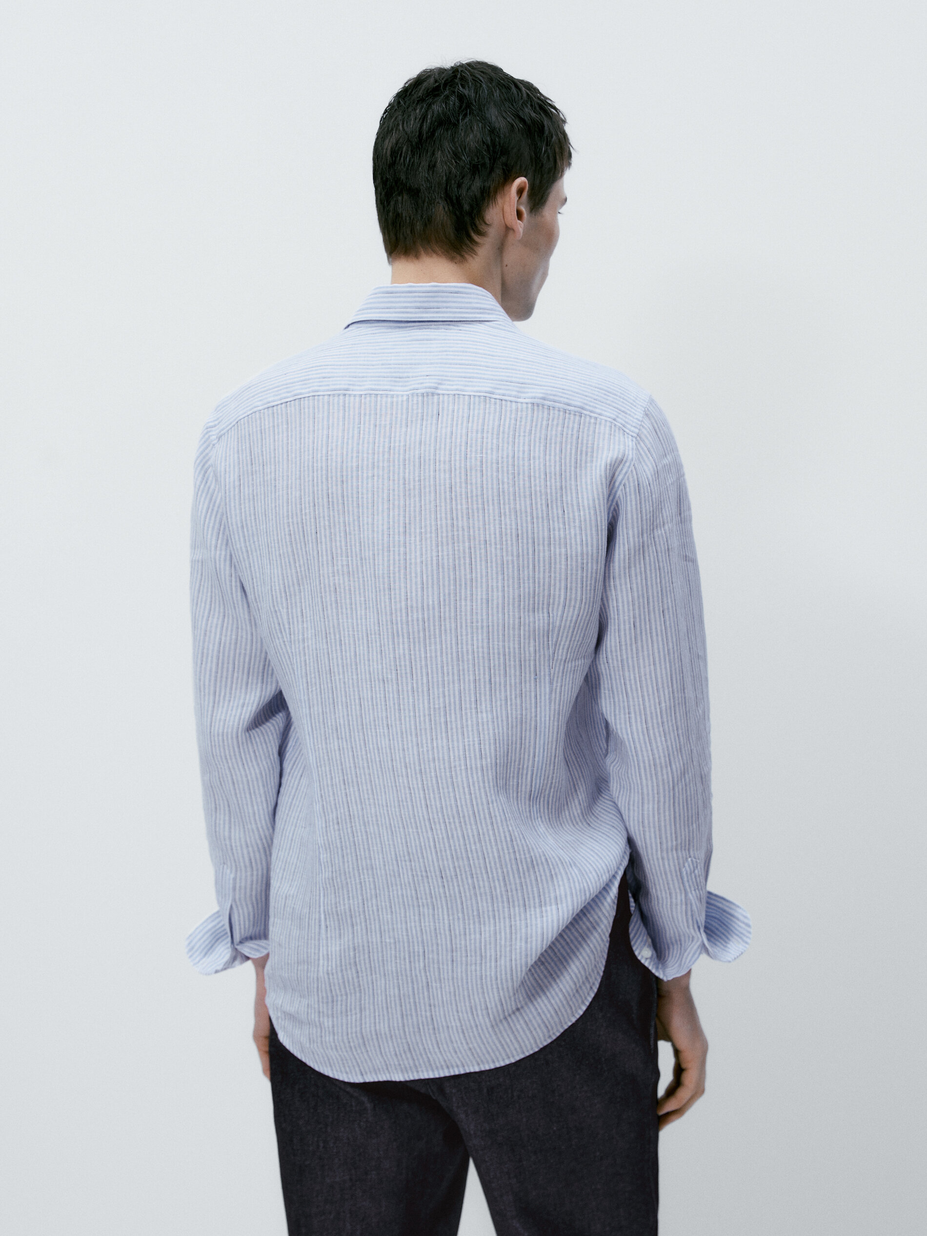 Camisa rayas 100% lino slim fit - CELESTE