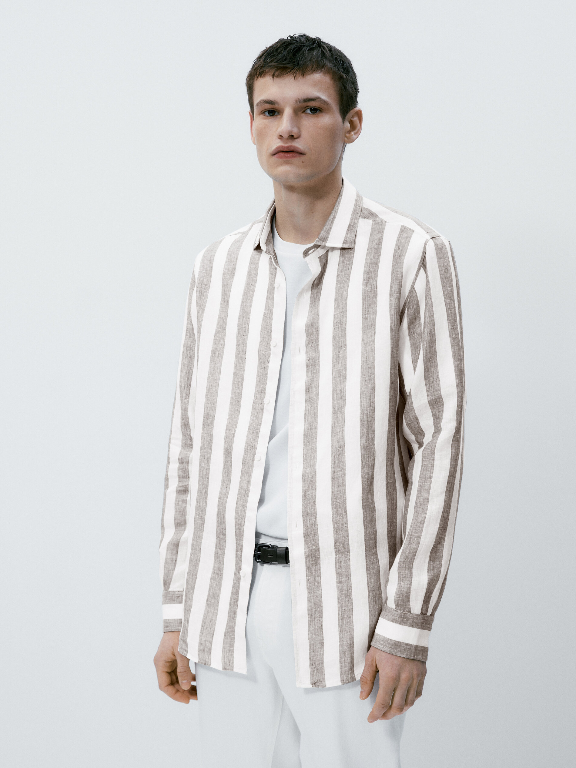 Camisa rayas anchas 100% lino regular fit - VERDE