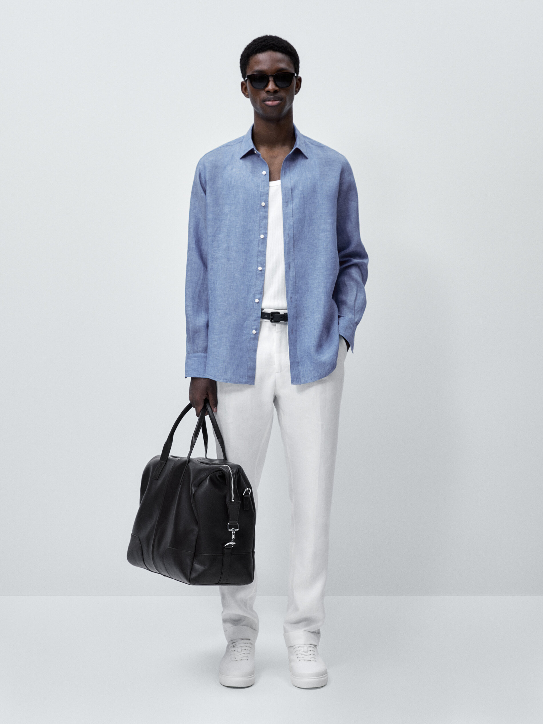 Camisa lino tintado regular fit - AZUL MEDIO