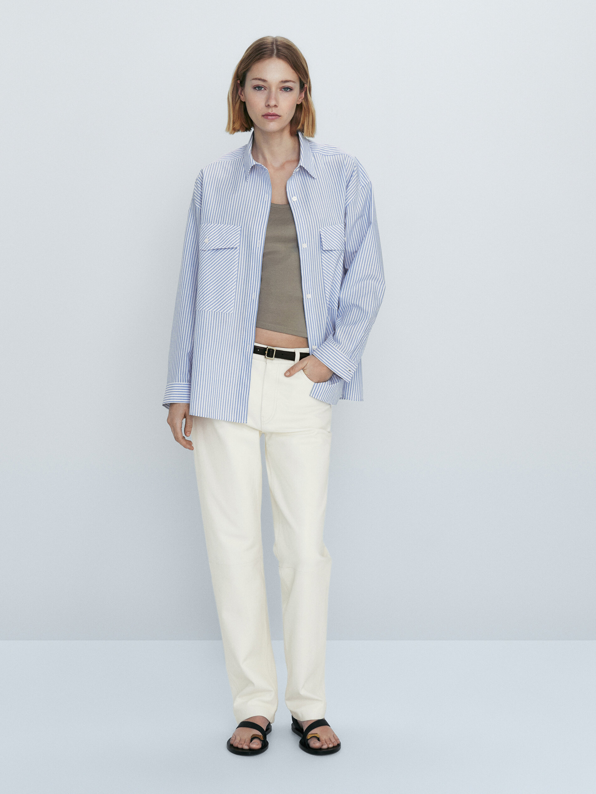 Camisa popelín rayas bolsillos - CELESTE