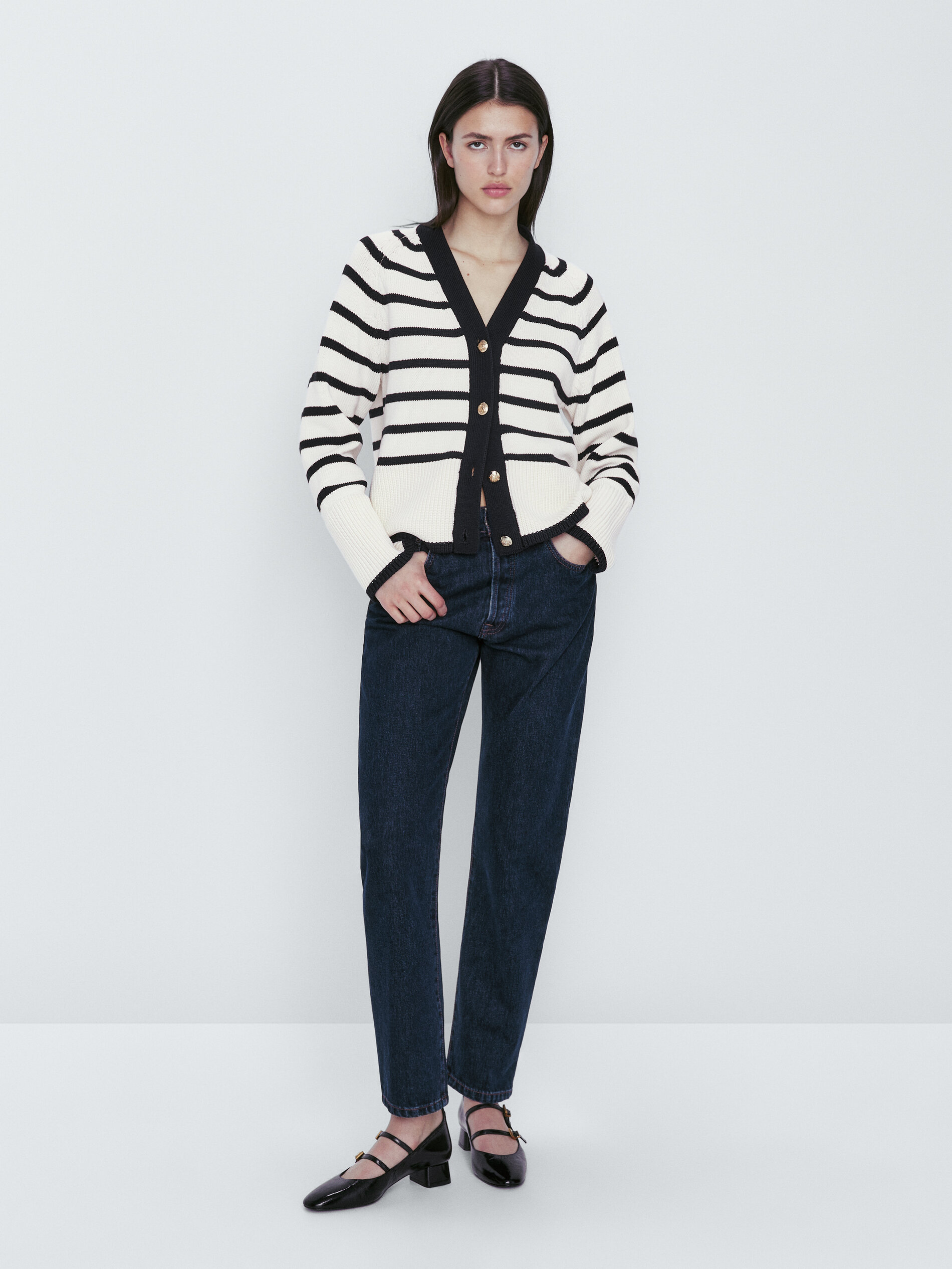 Cárdigan punto rayas cuello pico - CRUDO