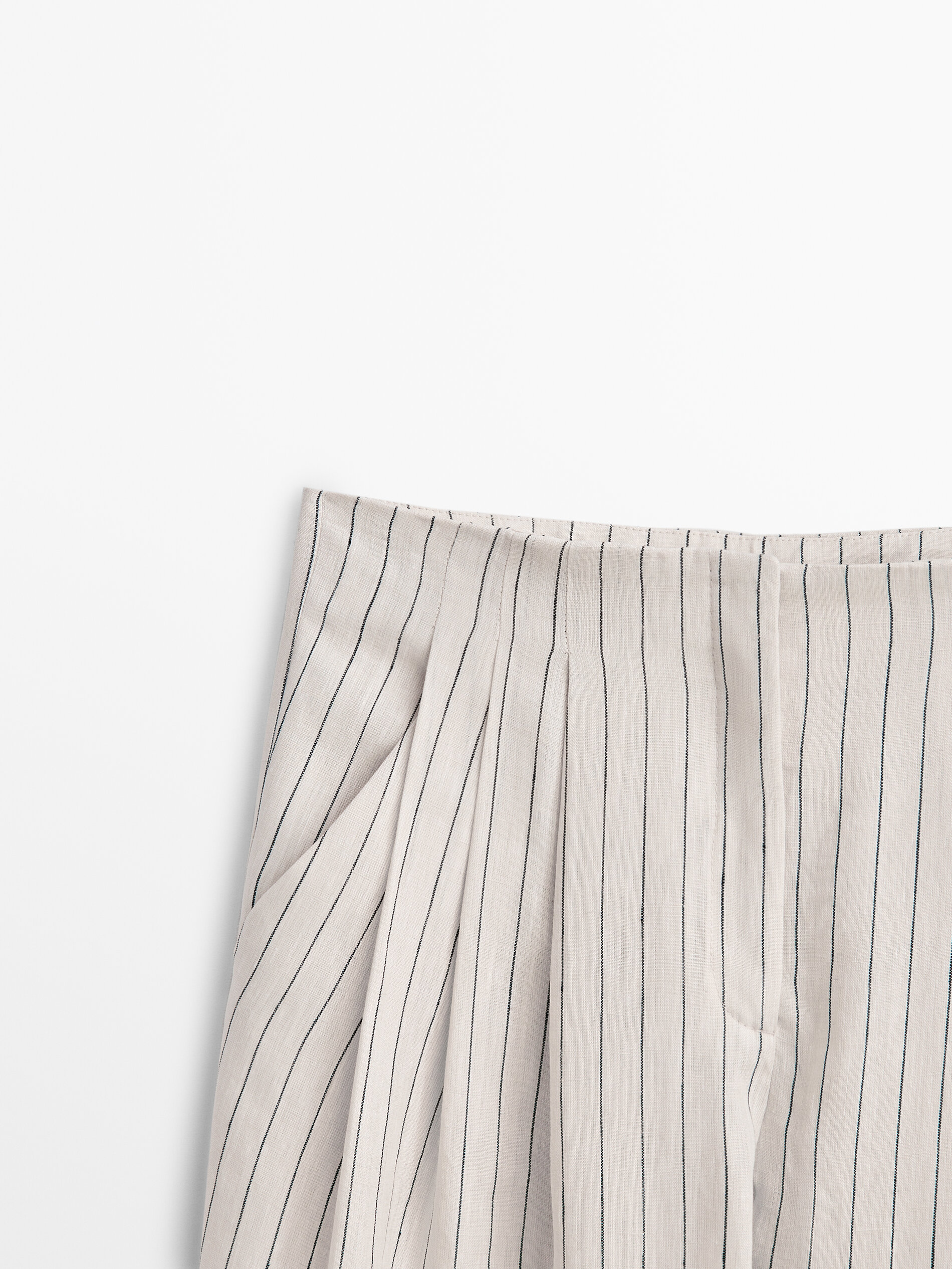 Pantalón lino pinzas rayas - CRUDO