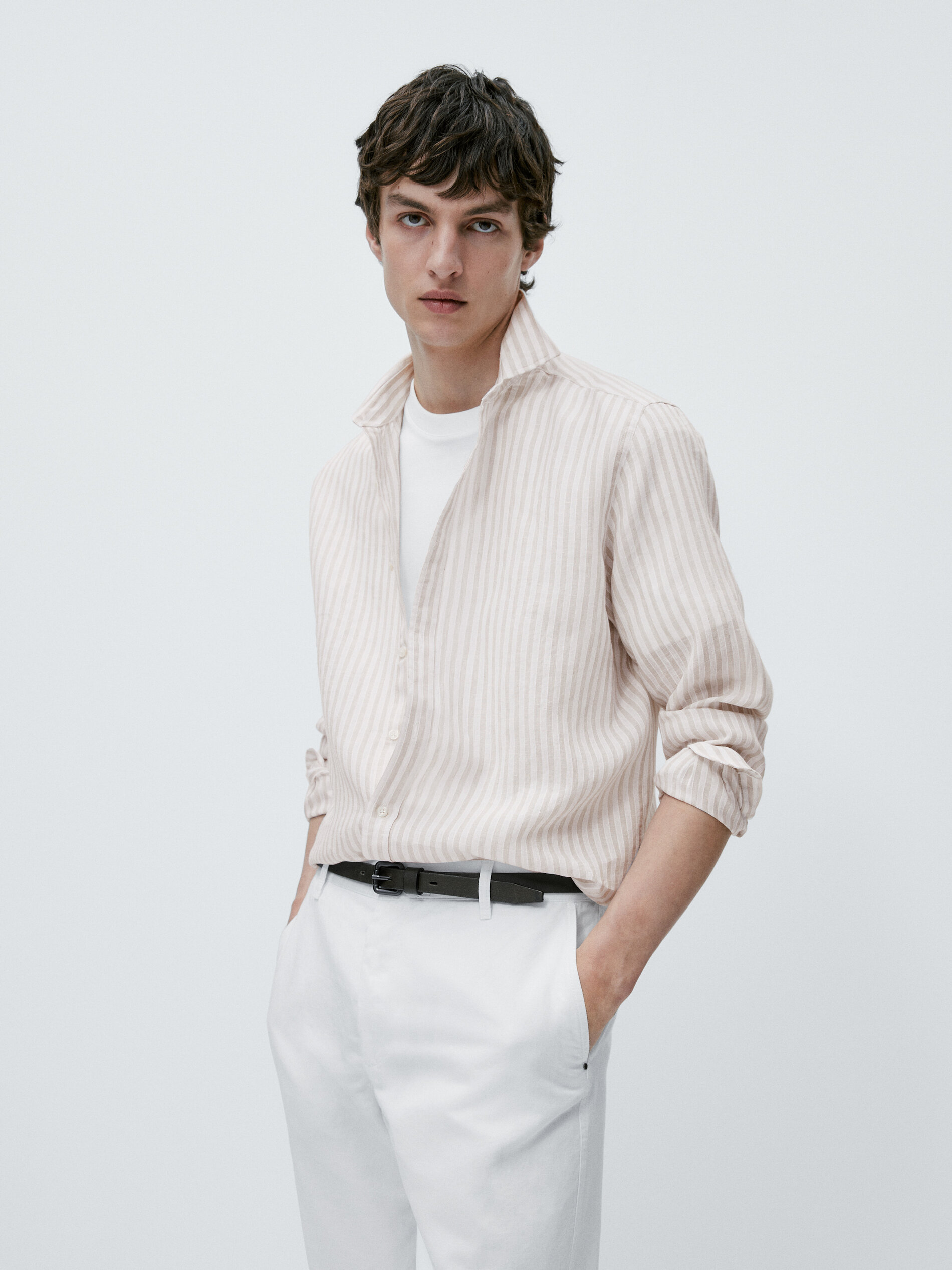 Camisa rayas mezcla lino algodón slim fit - BEIGE