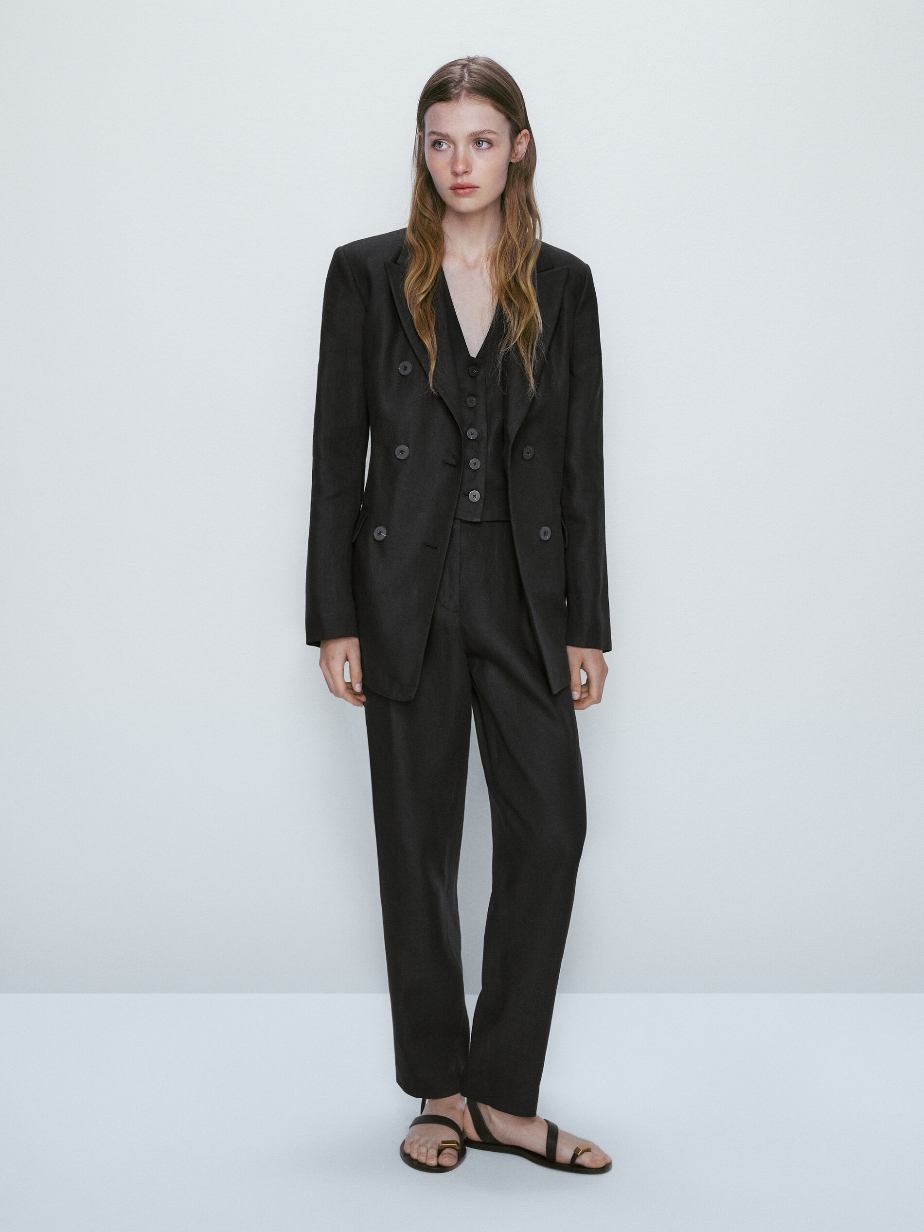 Americana traje cruzada 100% lino - NEGRO