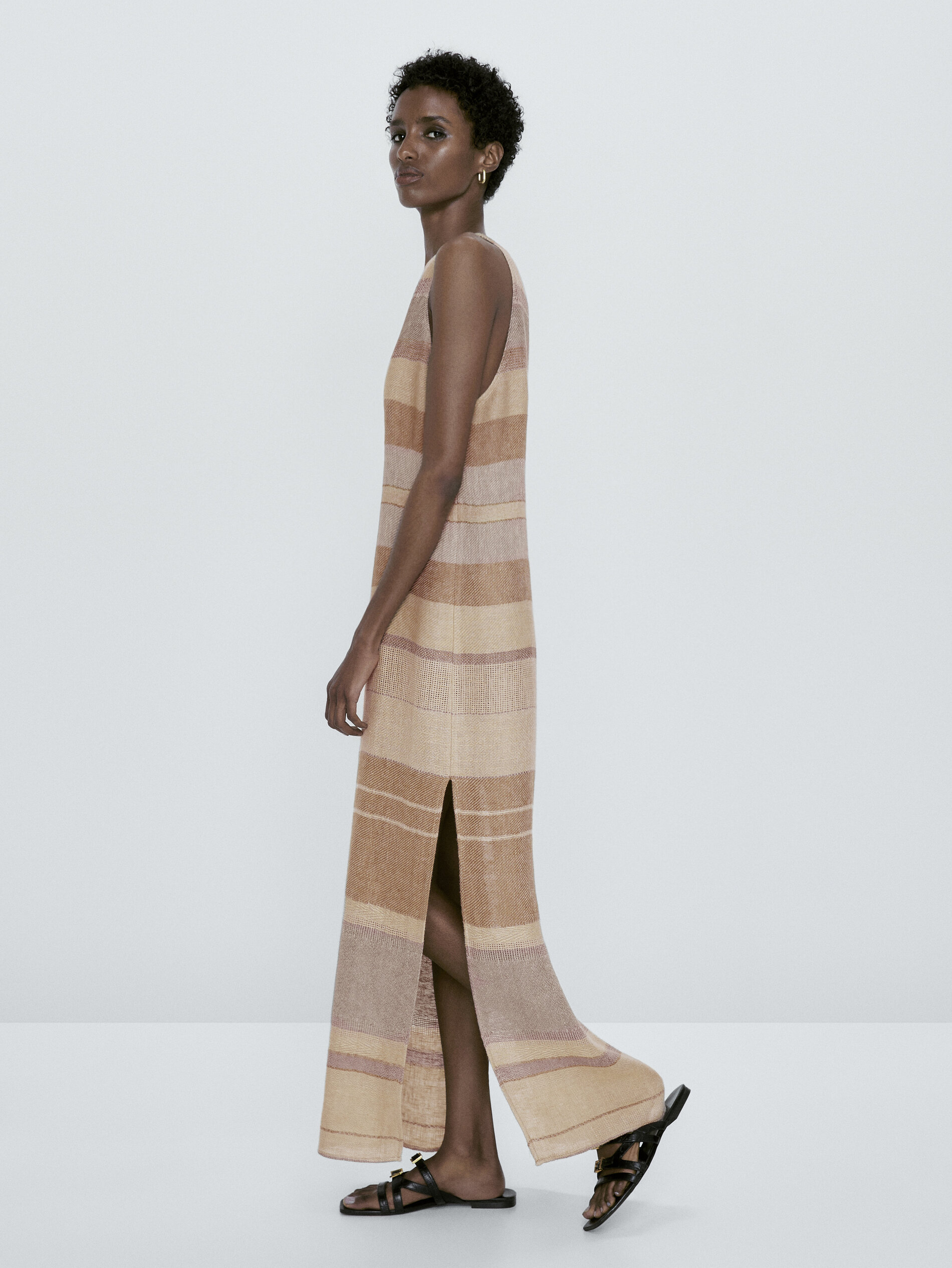 Vestido rústico rayas 100% lino - MARRÓN