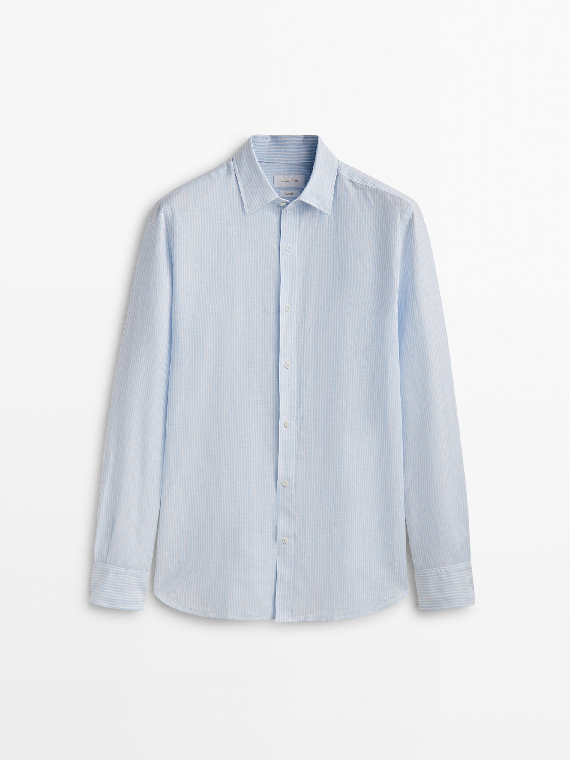 Camisa rayas con lino y algodón slim fit - Azul celeste