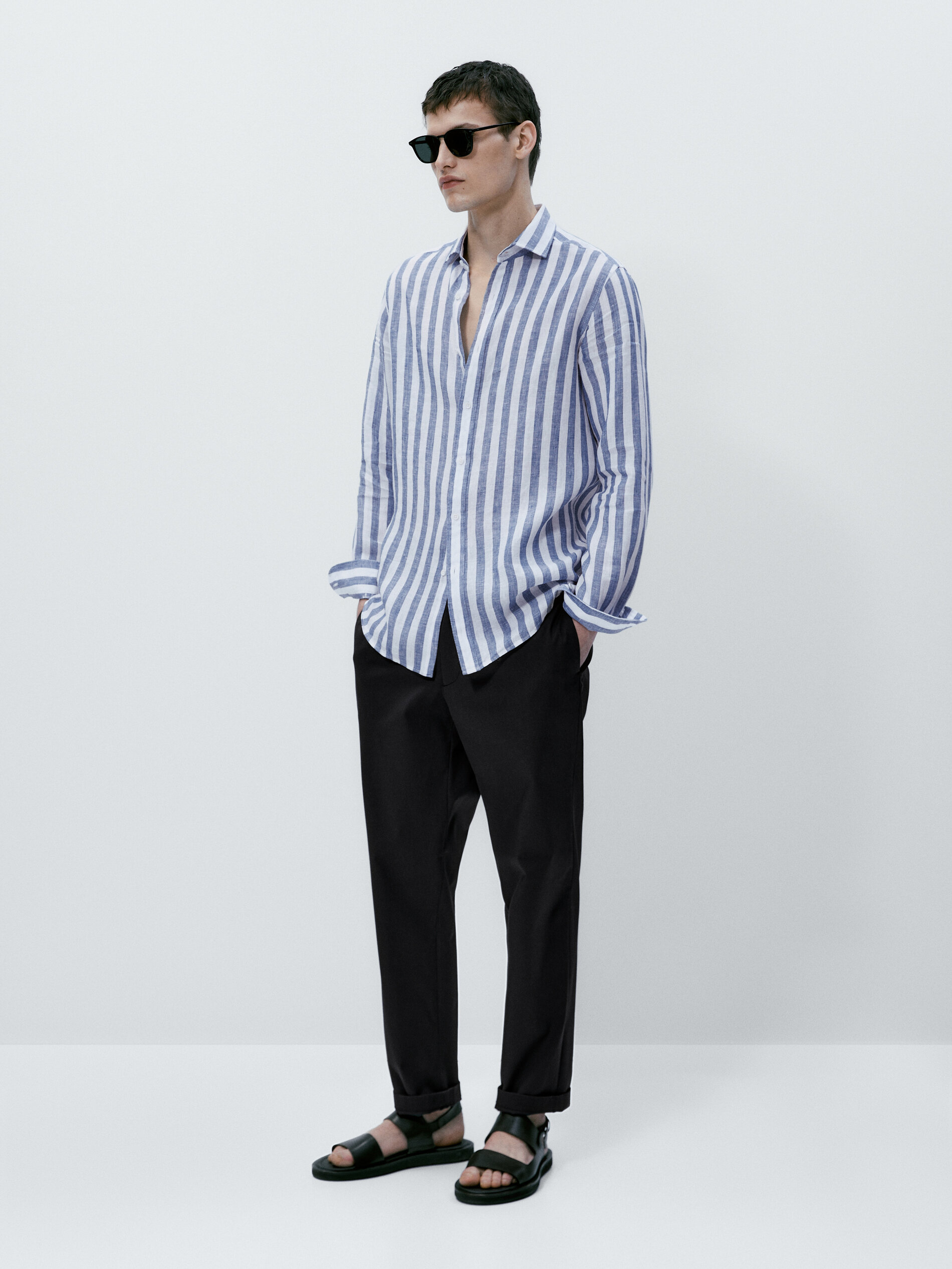 Camisa rayas anchas 100% lino slim fit - AZUL MARINO