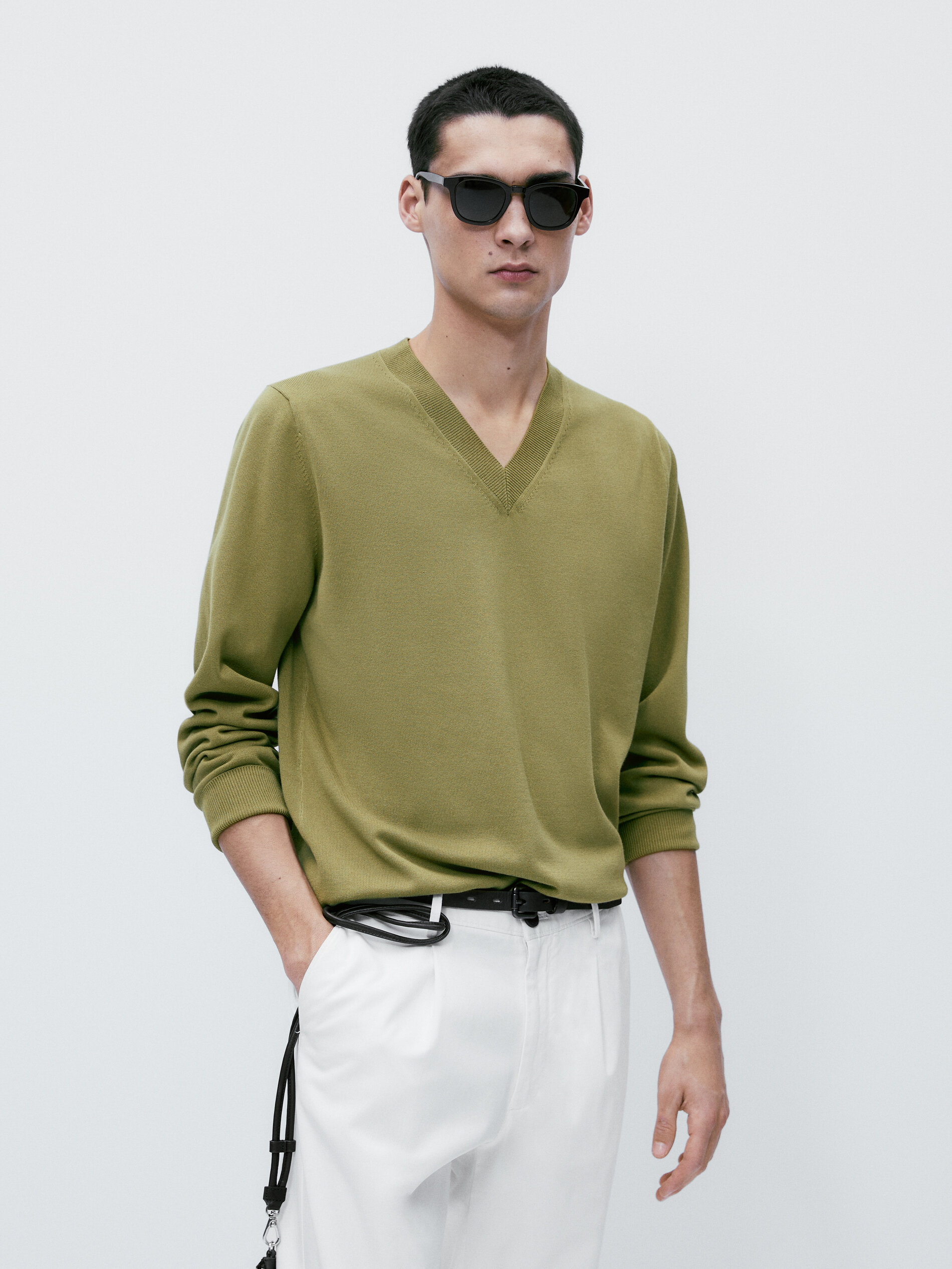 Jersey cuello pico algodón - Kaki