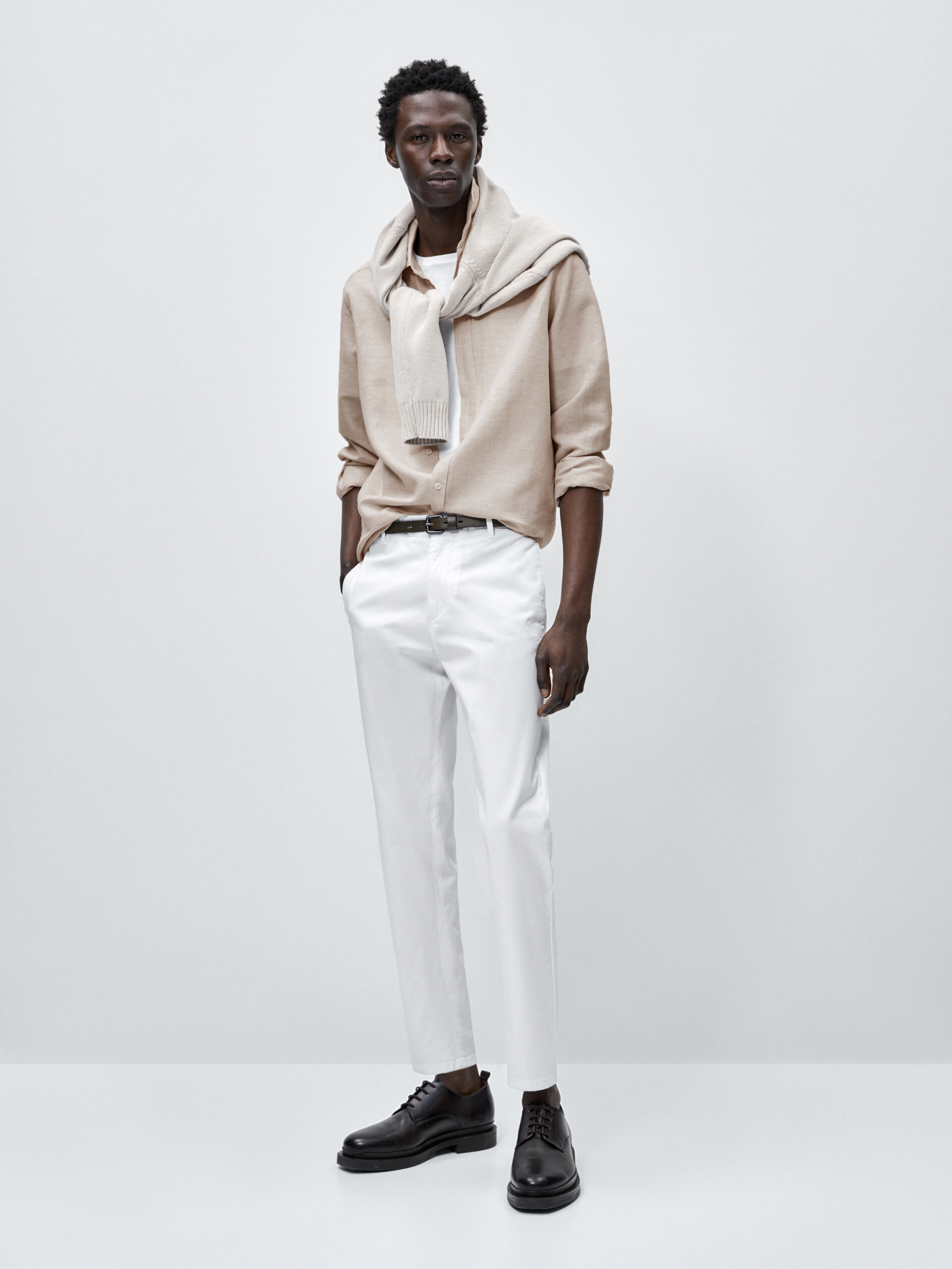 Camisa con lino pata de gallo slim fit - BEIGE