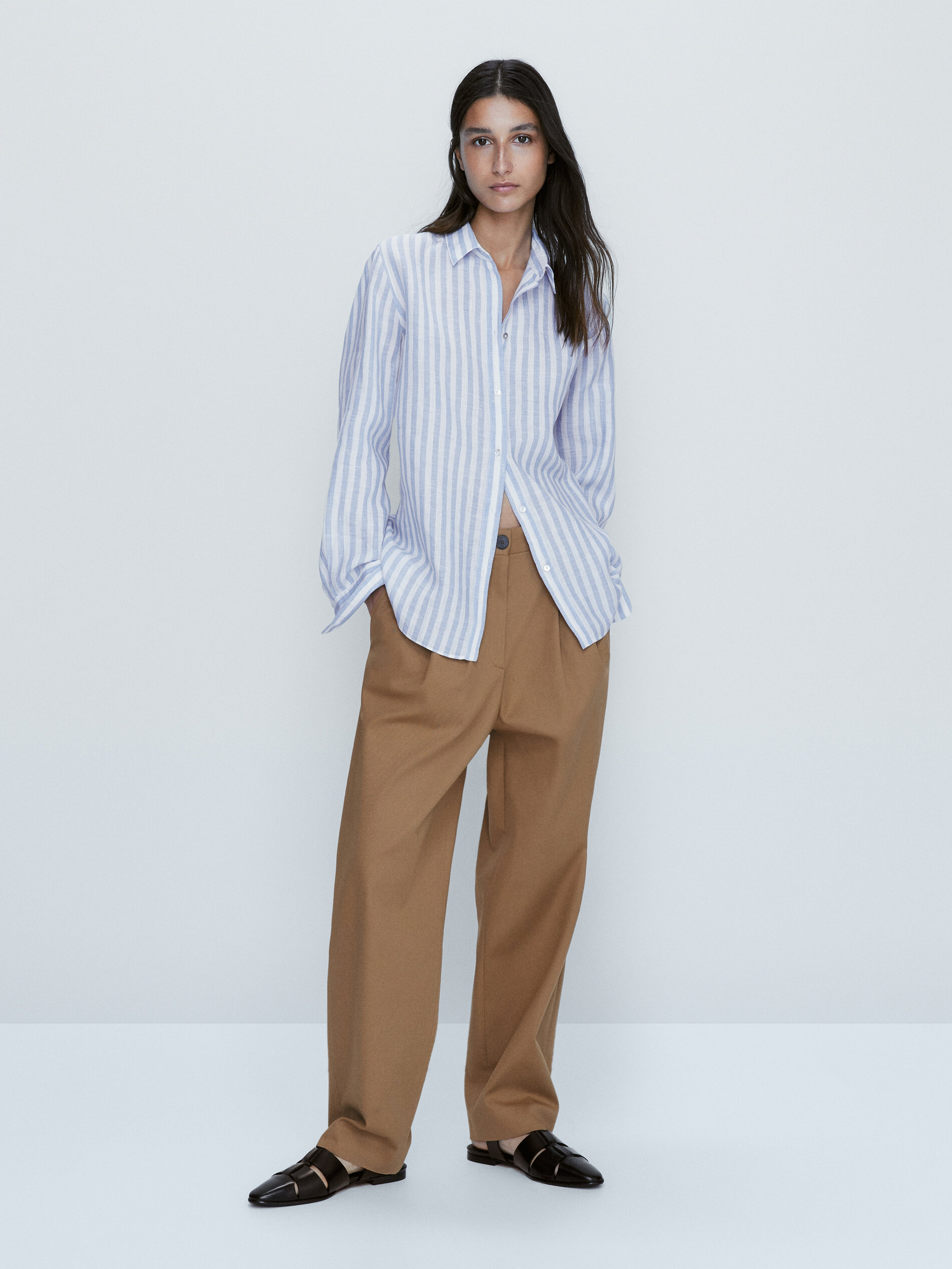 Camisa rayas 100% lino - CELESTE