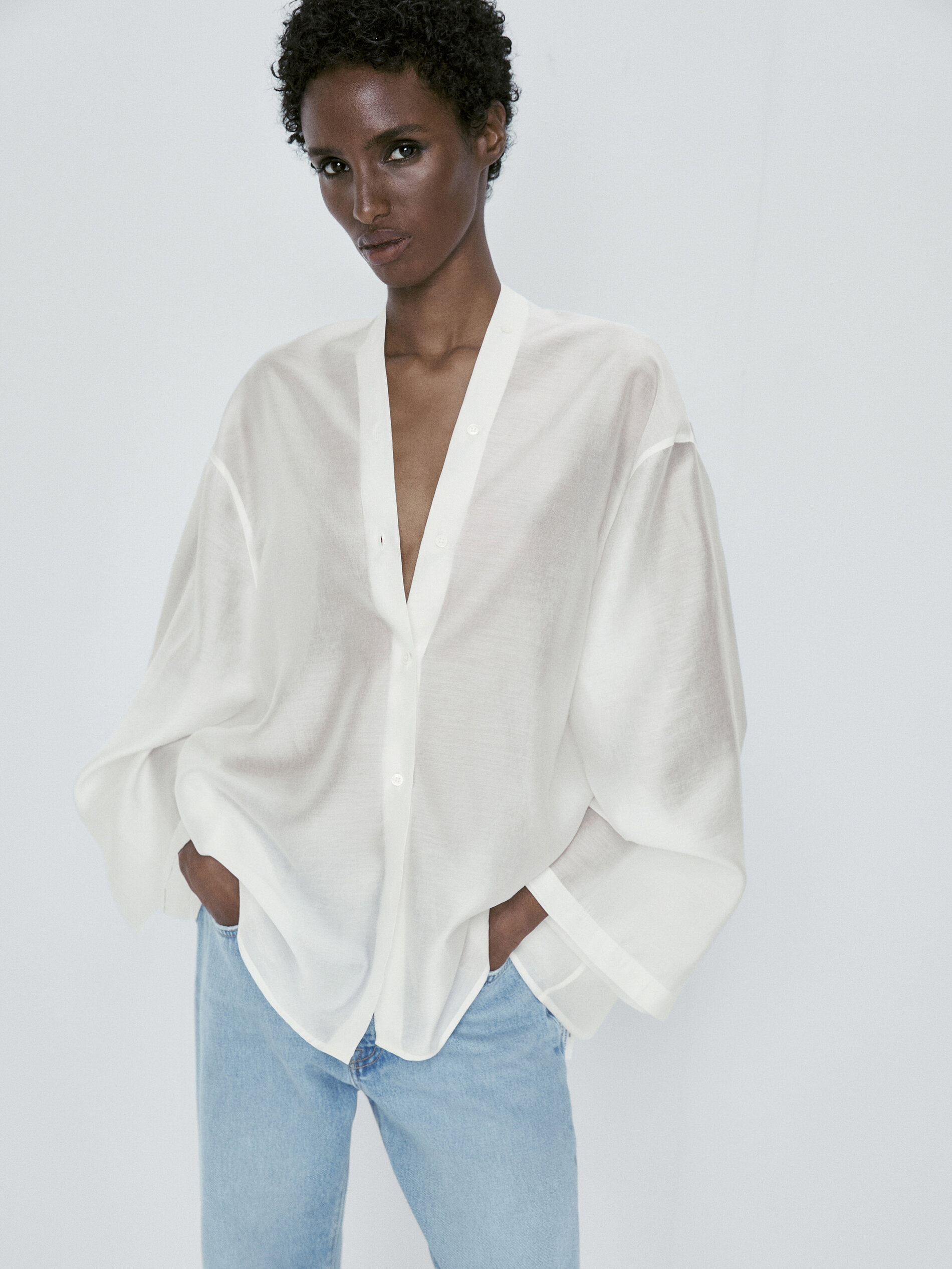 Camisa kimono escote pico - BLANCO