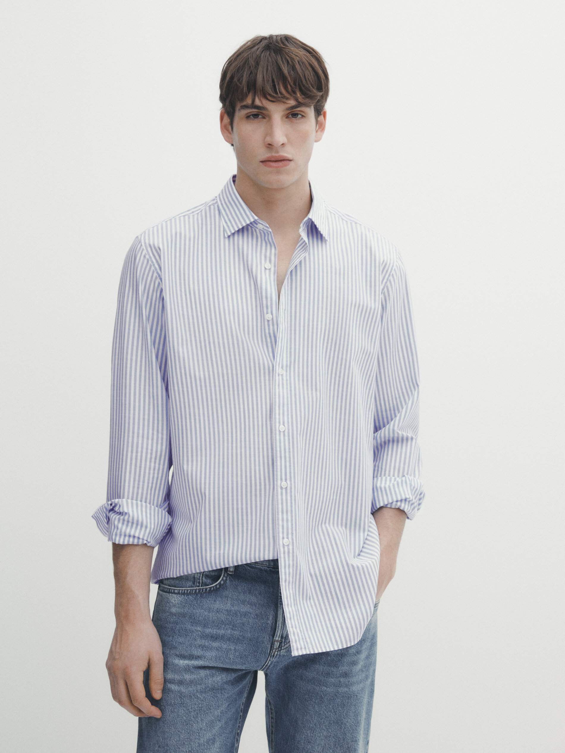 Camisa rayas algodón slim fit - CELESTE