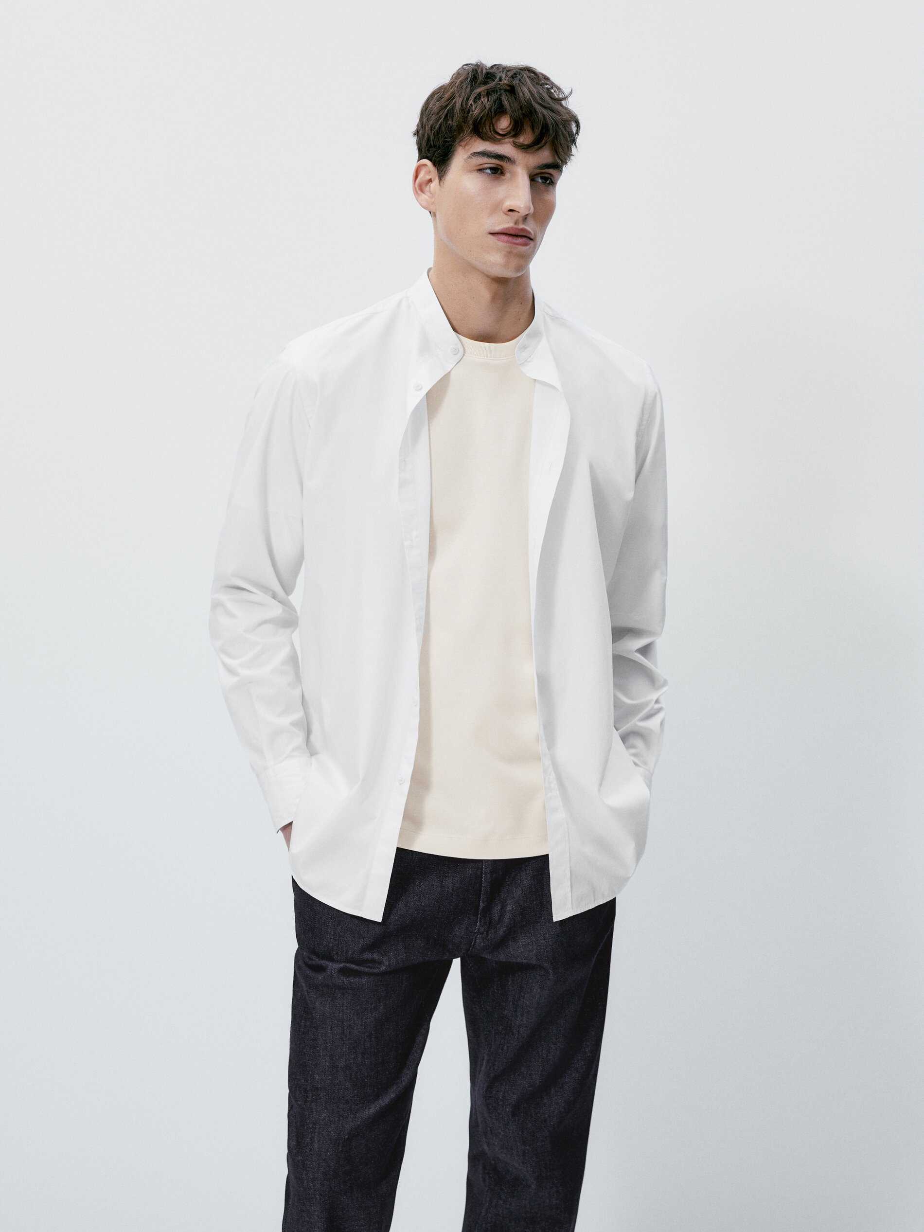 Camisa popelín cuello mao slim fit - BLANCO