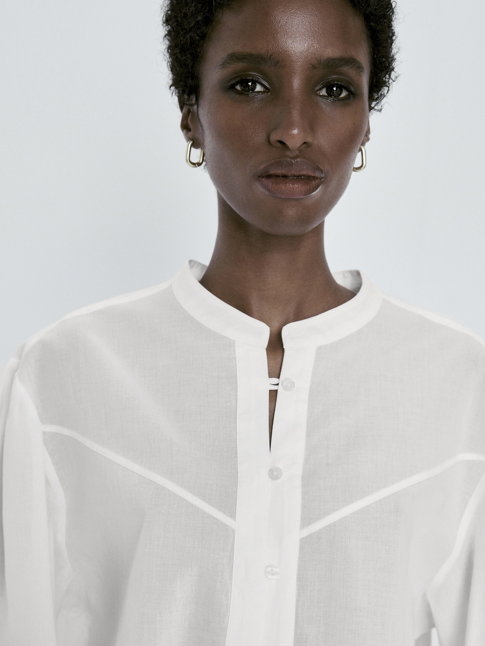 Camisa algodón lavada cuello mao - BLANCO