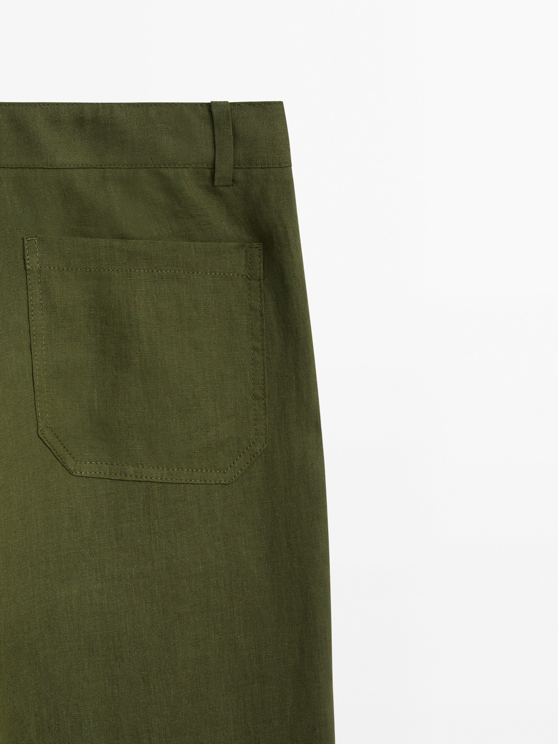 Pantalón cropped 100% lino bolsillos - VERDE