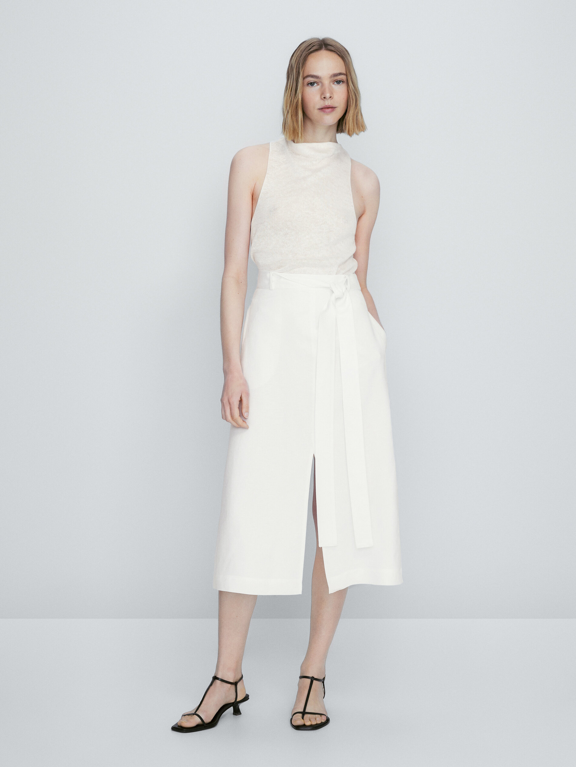 Falda midi con lino aberturas - BLANCO