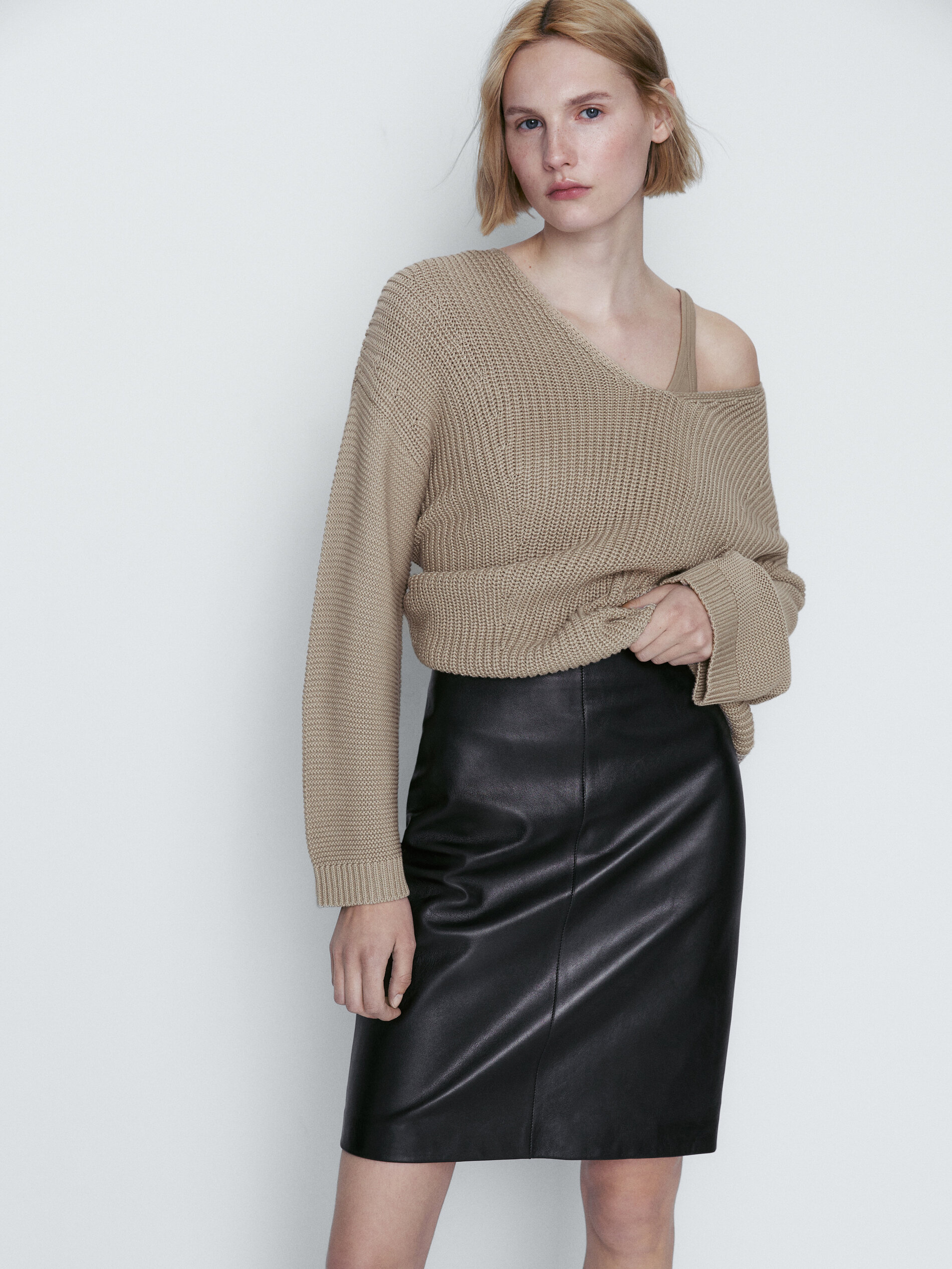 Falda midi piel napa - NEGRO