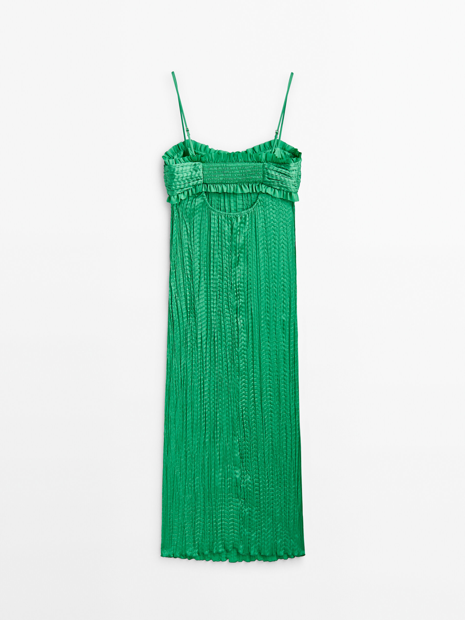 Vestido plisado escote volantes -Studio - VERDE