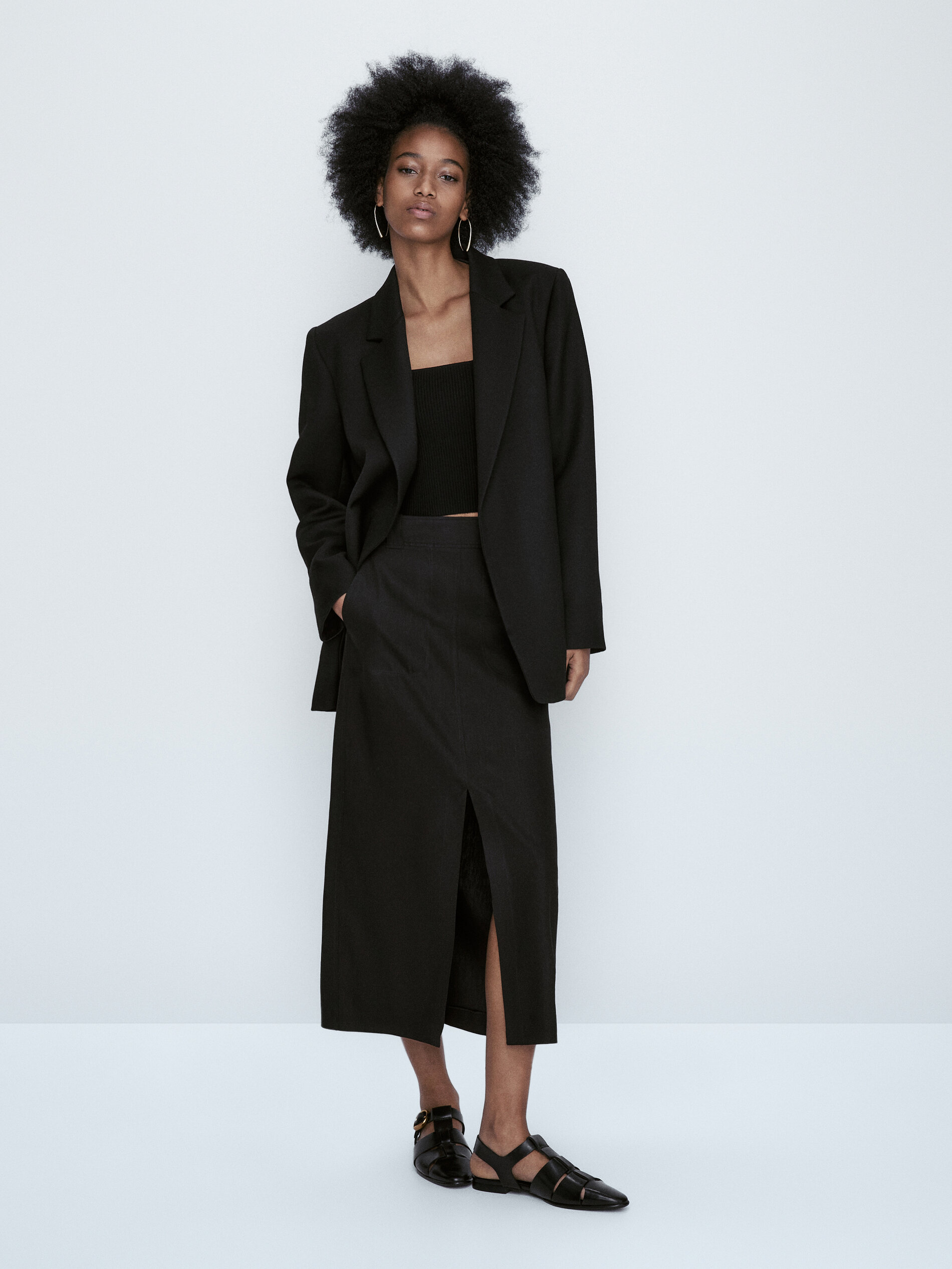 Falda mezcla lino con abertura - NEGRO