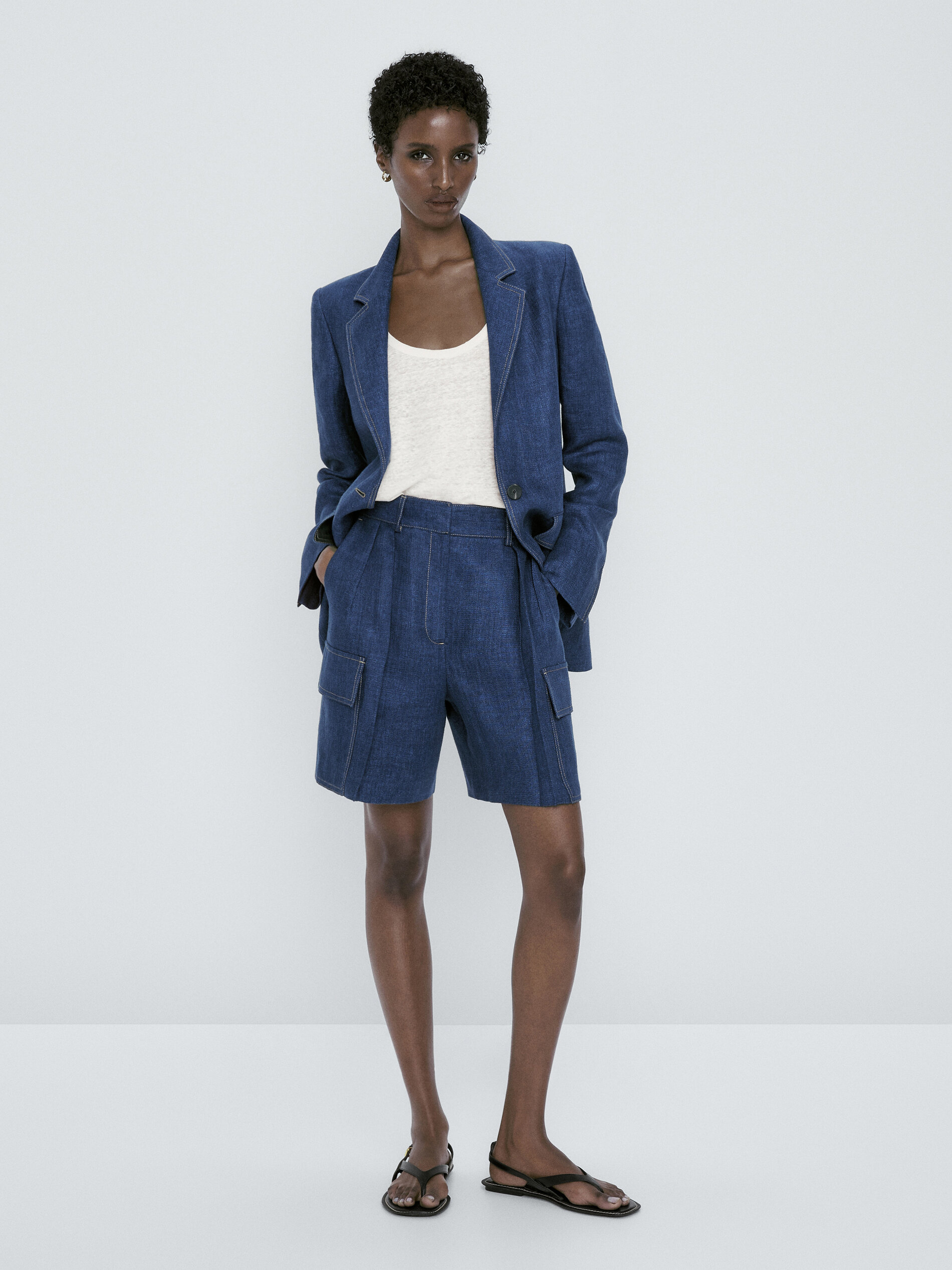 Bermuda cargo lino pespuntes - AZUL MARINO