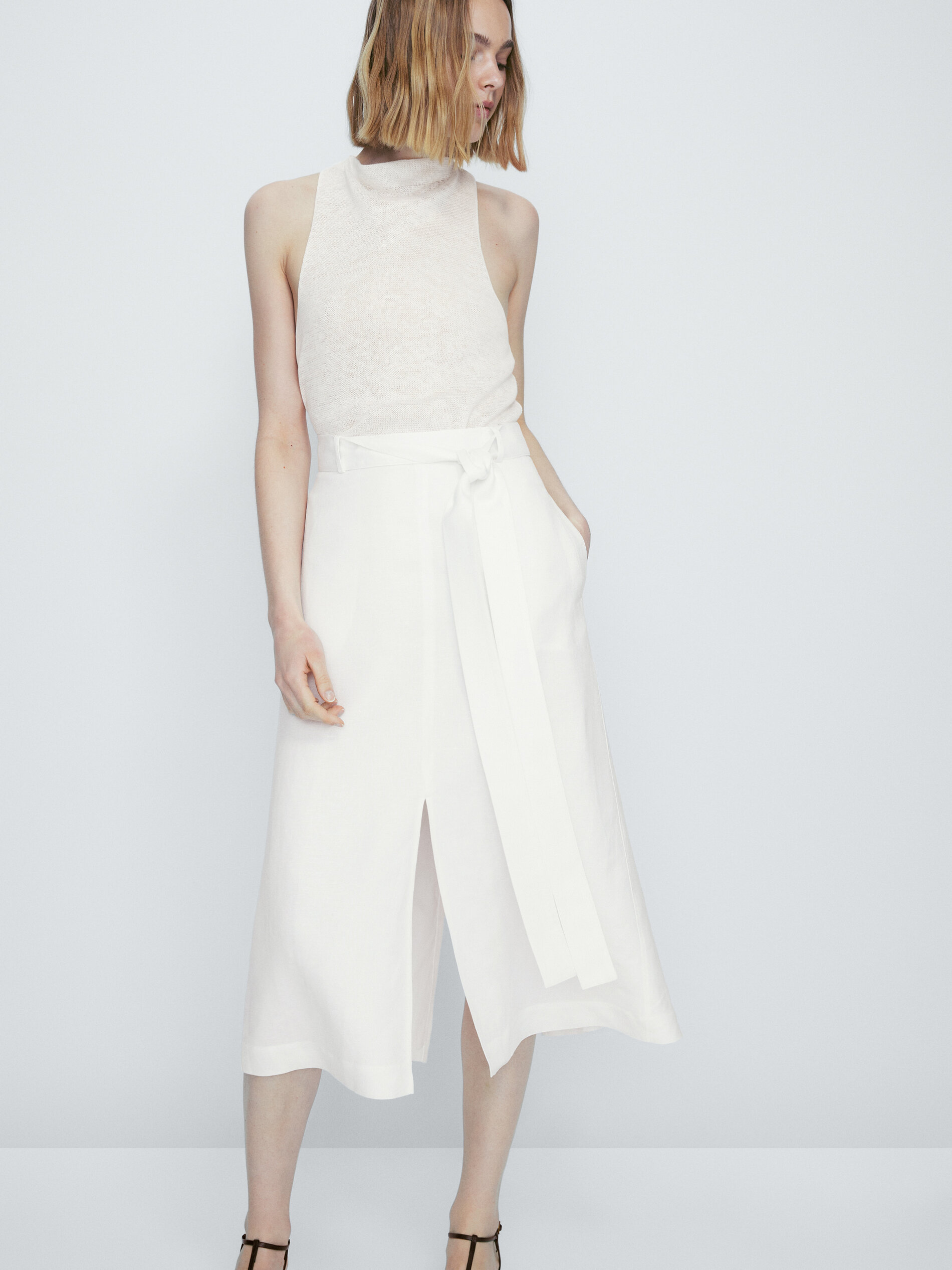 Falda midi con lino aberturas - BLANCO