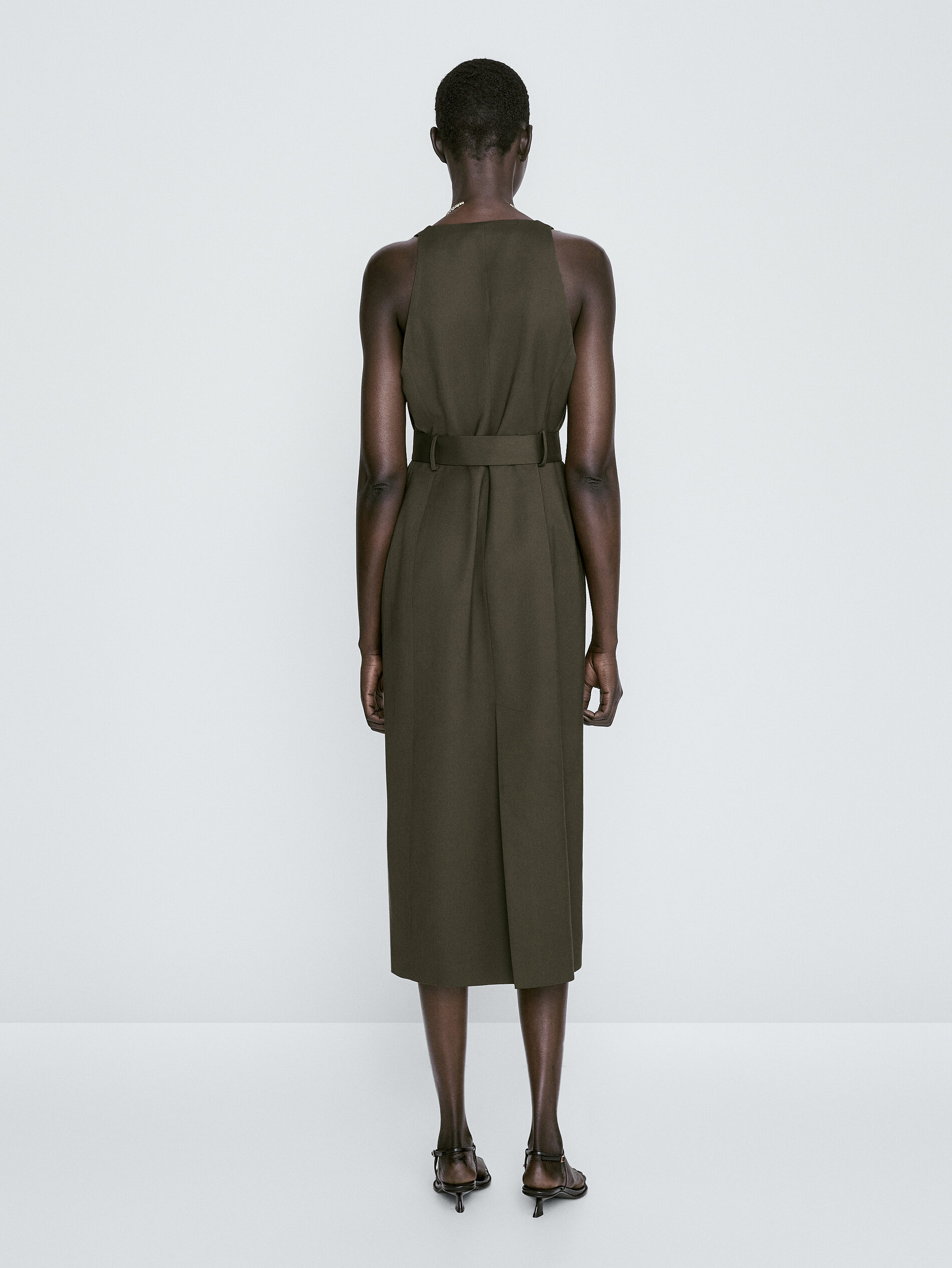 Vestido midi sastre cinturón - KAKI