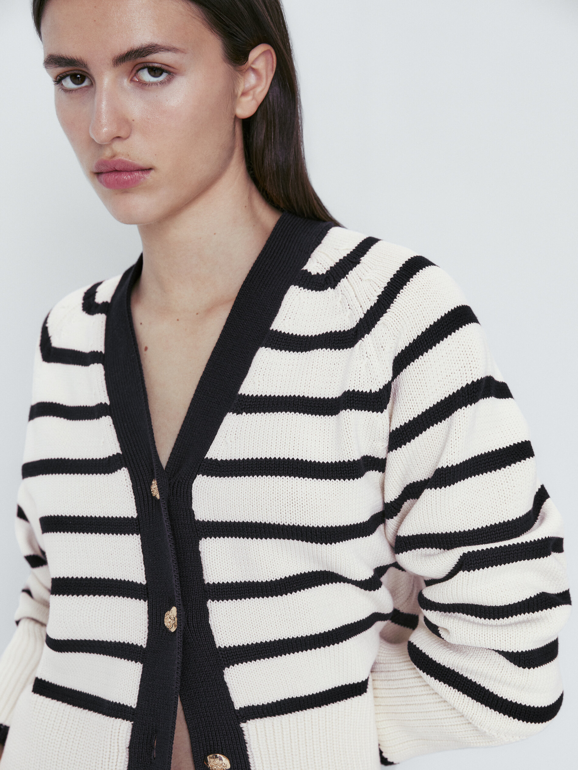 Cárdigan punto rayas cuello pico - CRUDO