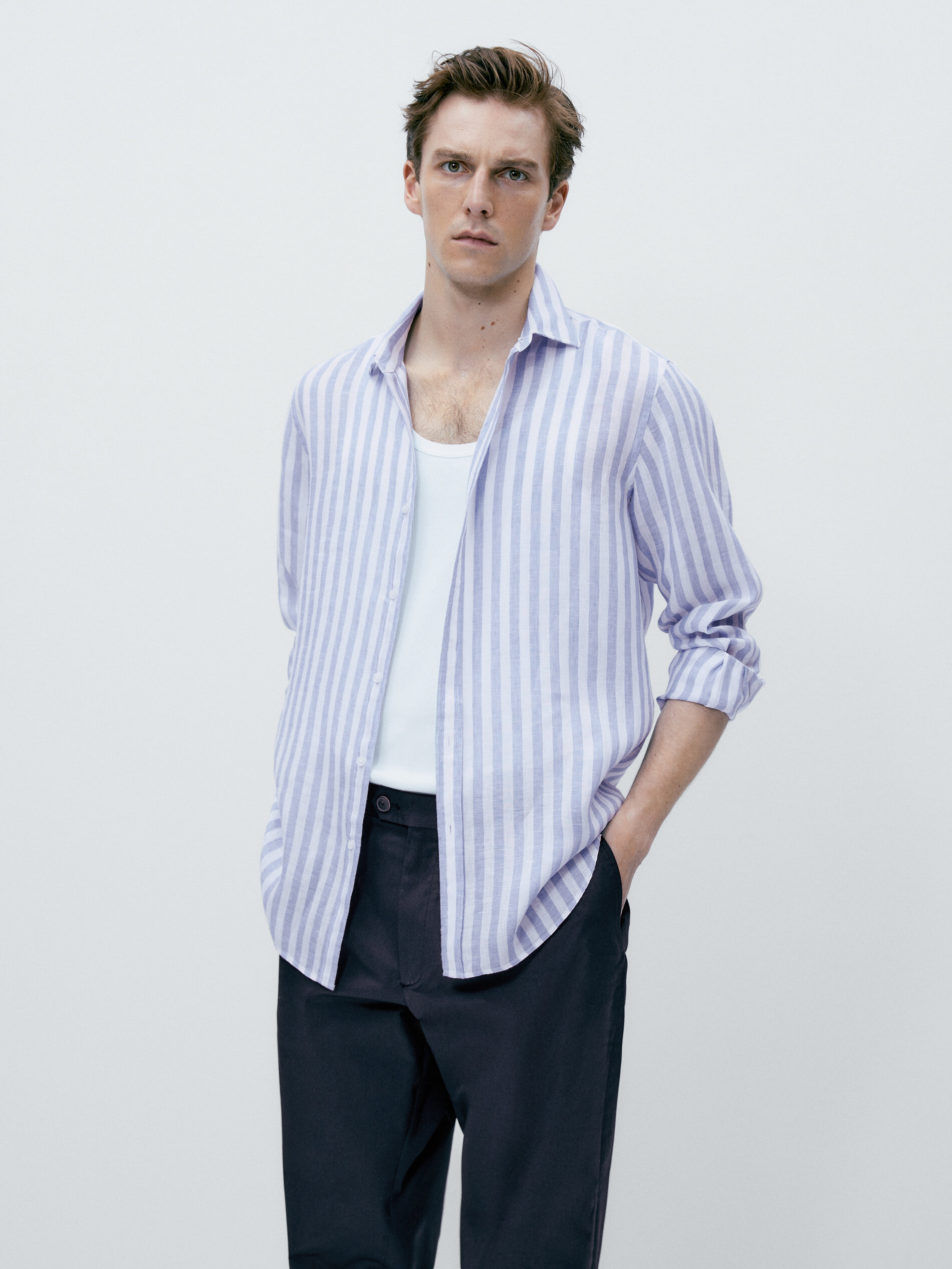 Camisa rayas anchas 100% lino slim fit - CELESTE