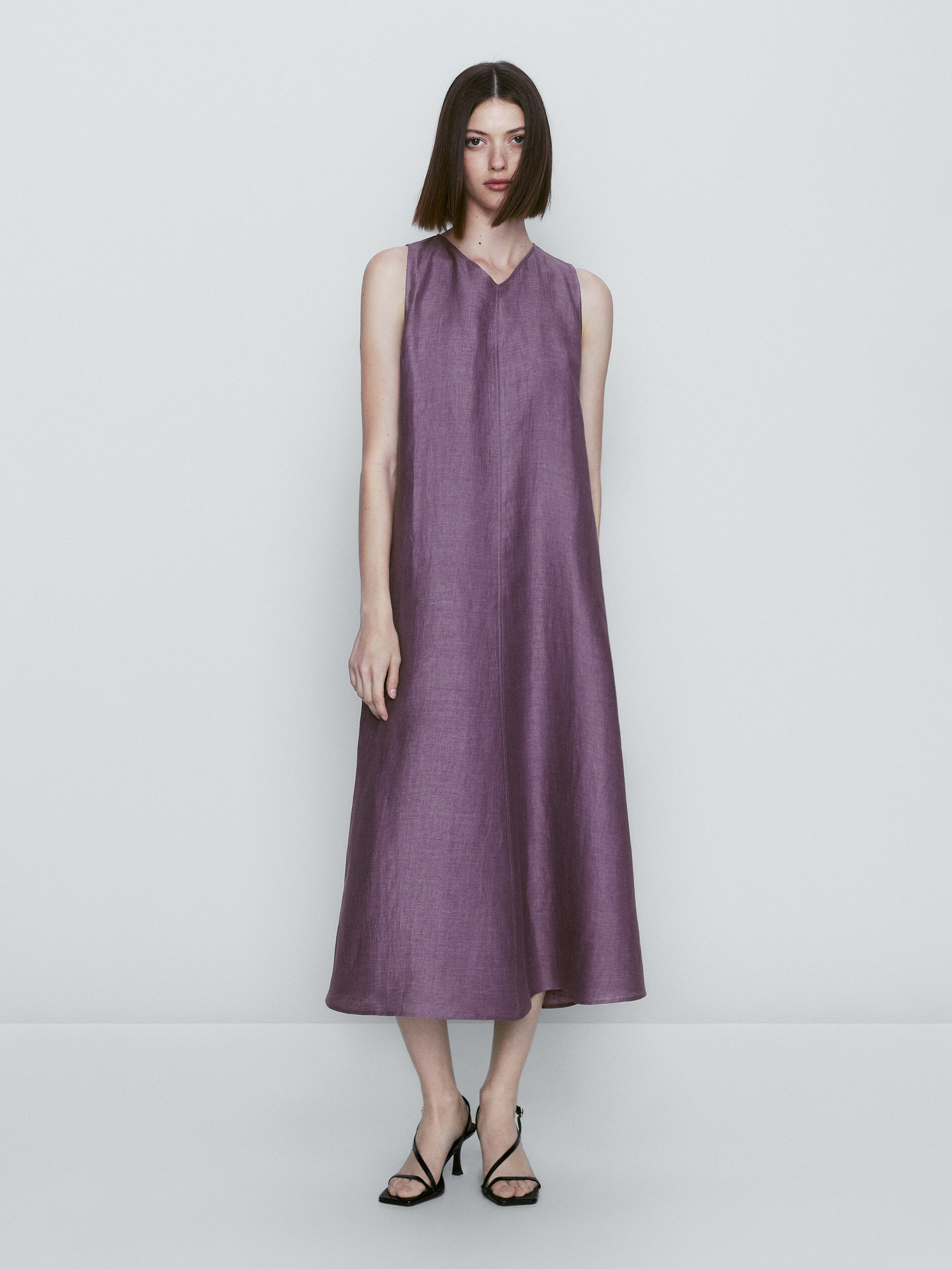 Vestido mezcla lino cuello pico - MORADO