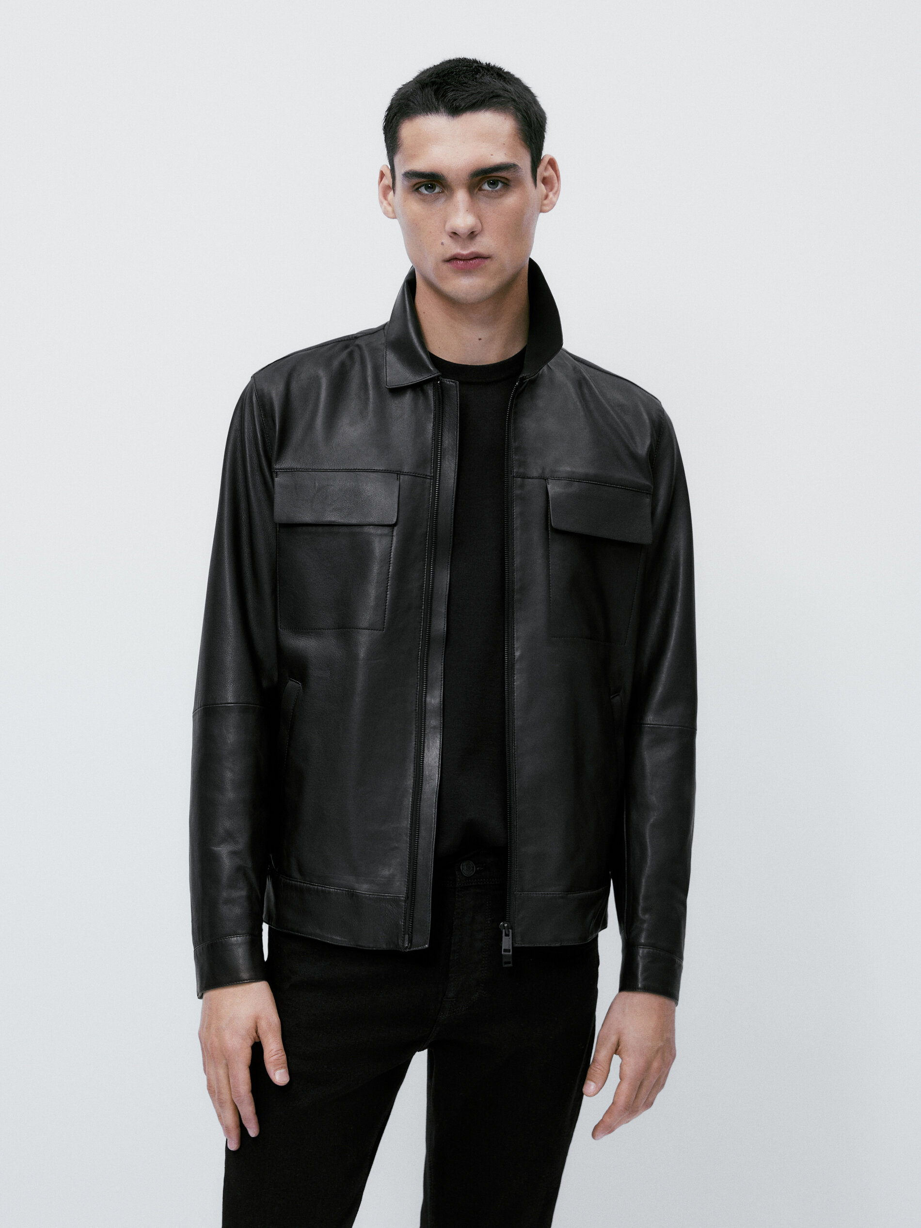 Chaqueta piel napa bolsillos negra - NEGRO