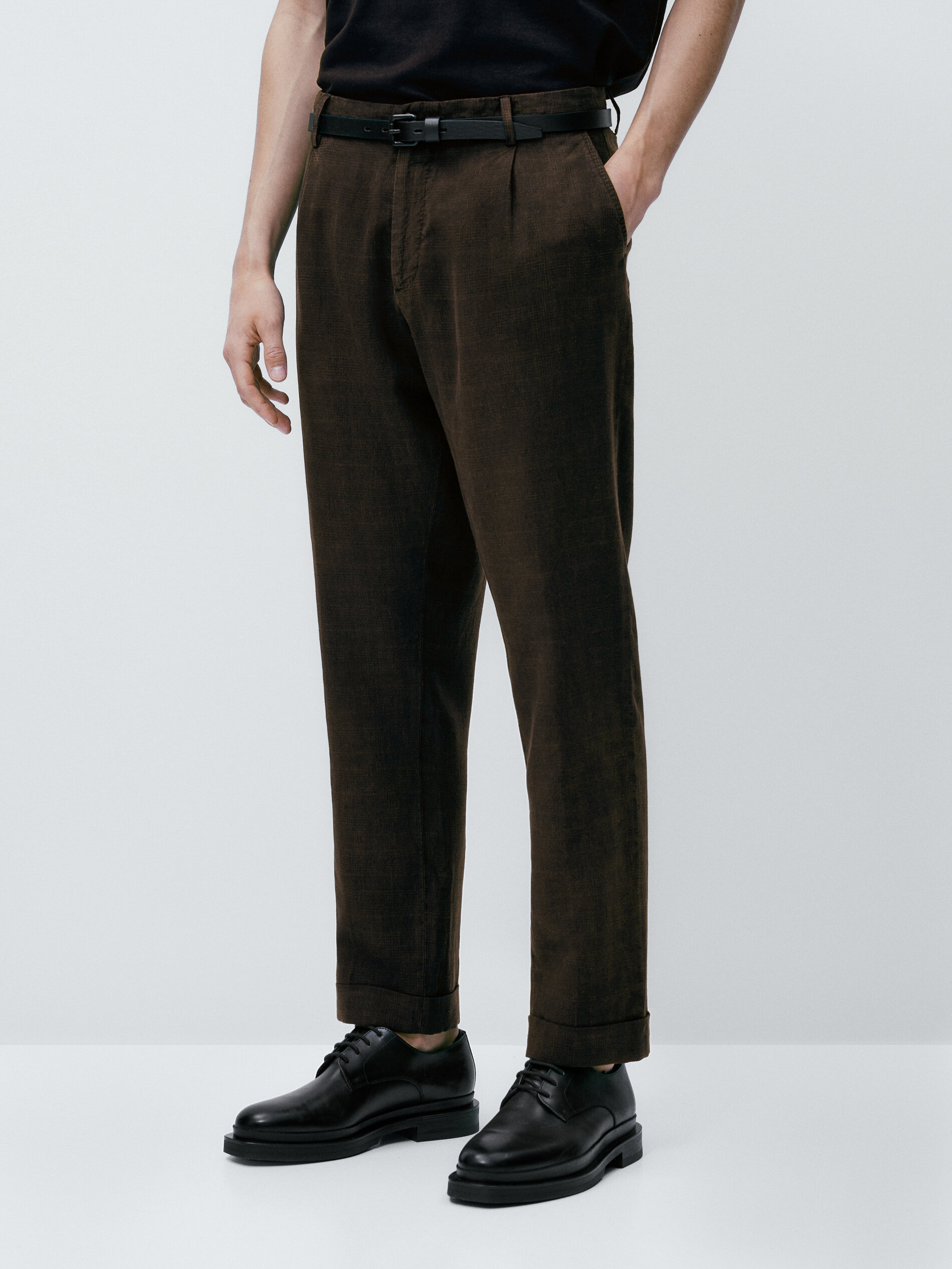 Pantalón traje con lino tintado falso cuadro - MARRÓN