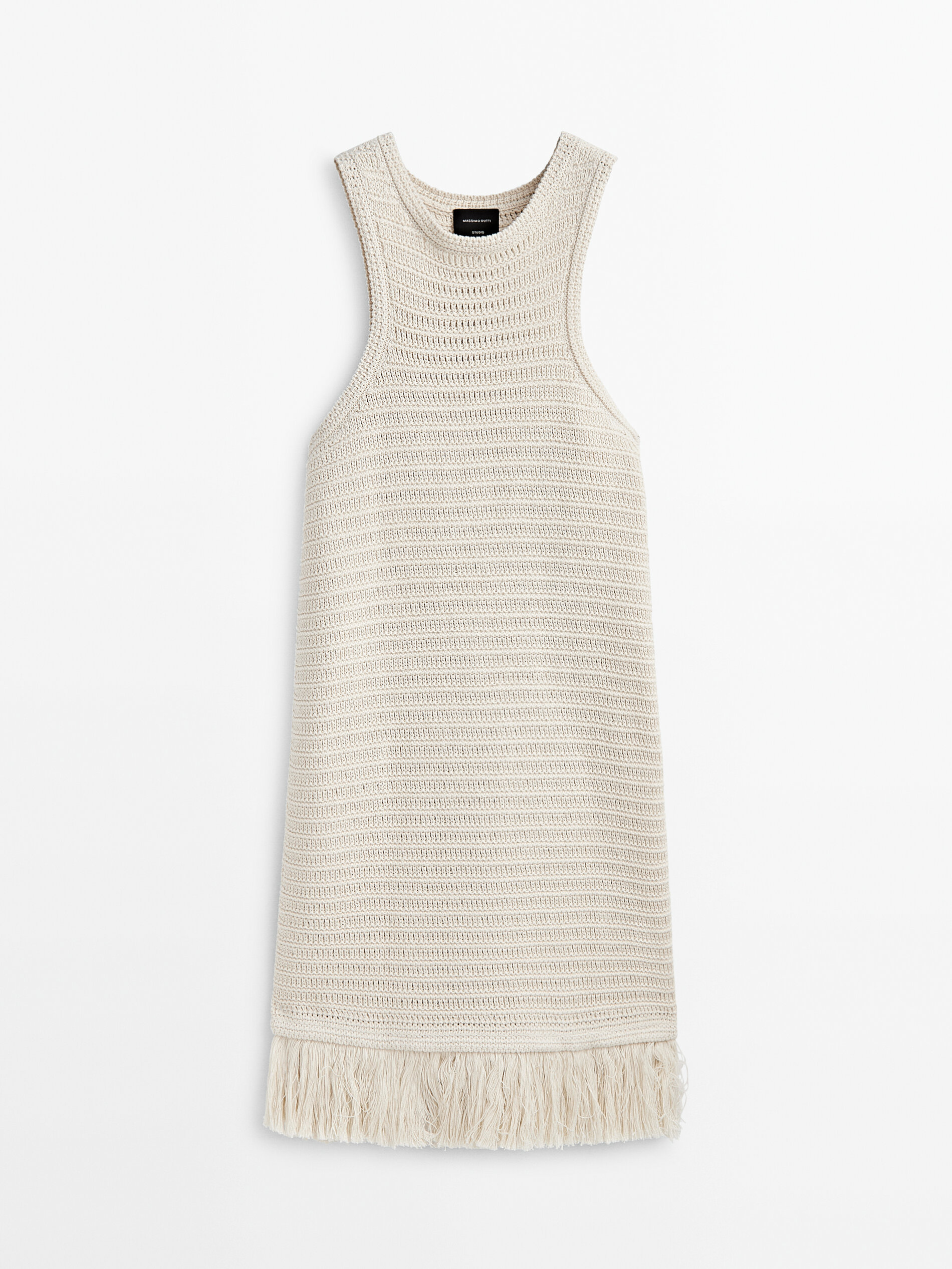 Vestido corto punto crochet flecos -Studio - BEIGE