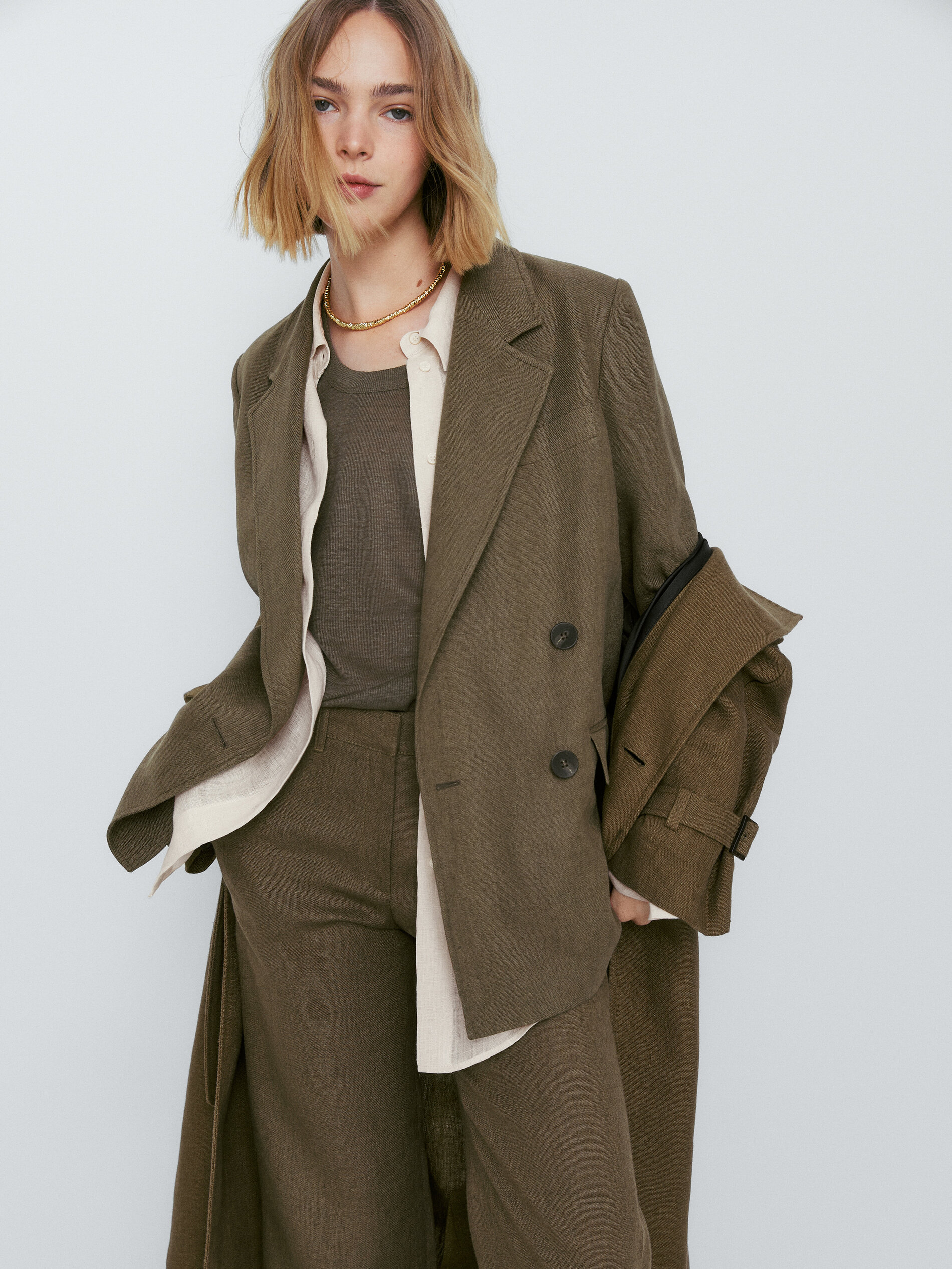 Pantalón traje lino rústico desflecado - OLIVA OSC