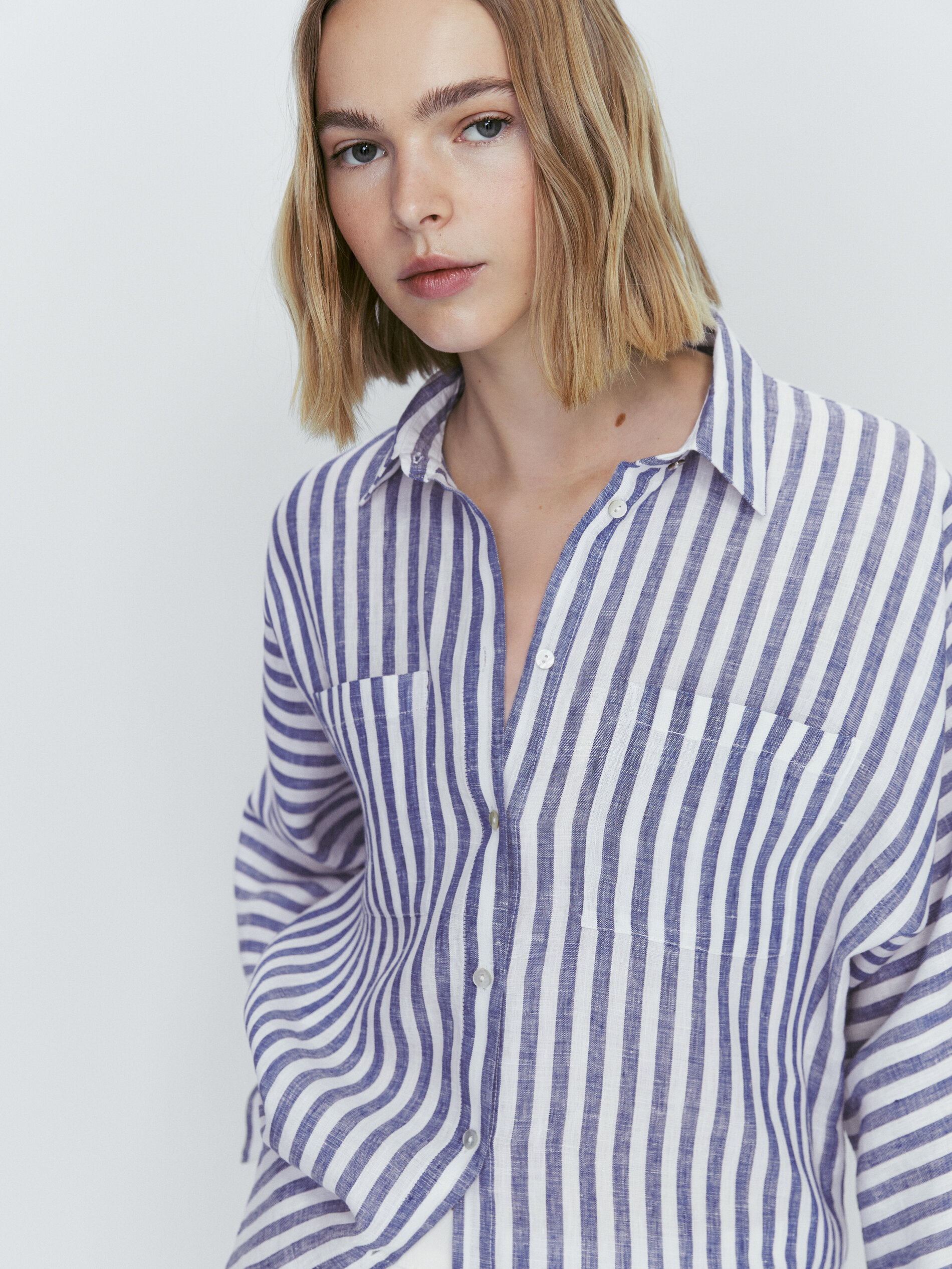 Camisa rayas 100% lino bolsillos - AZUL