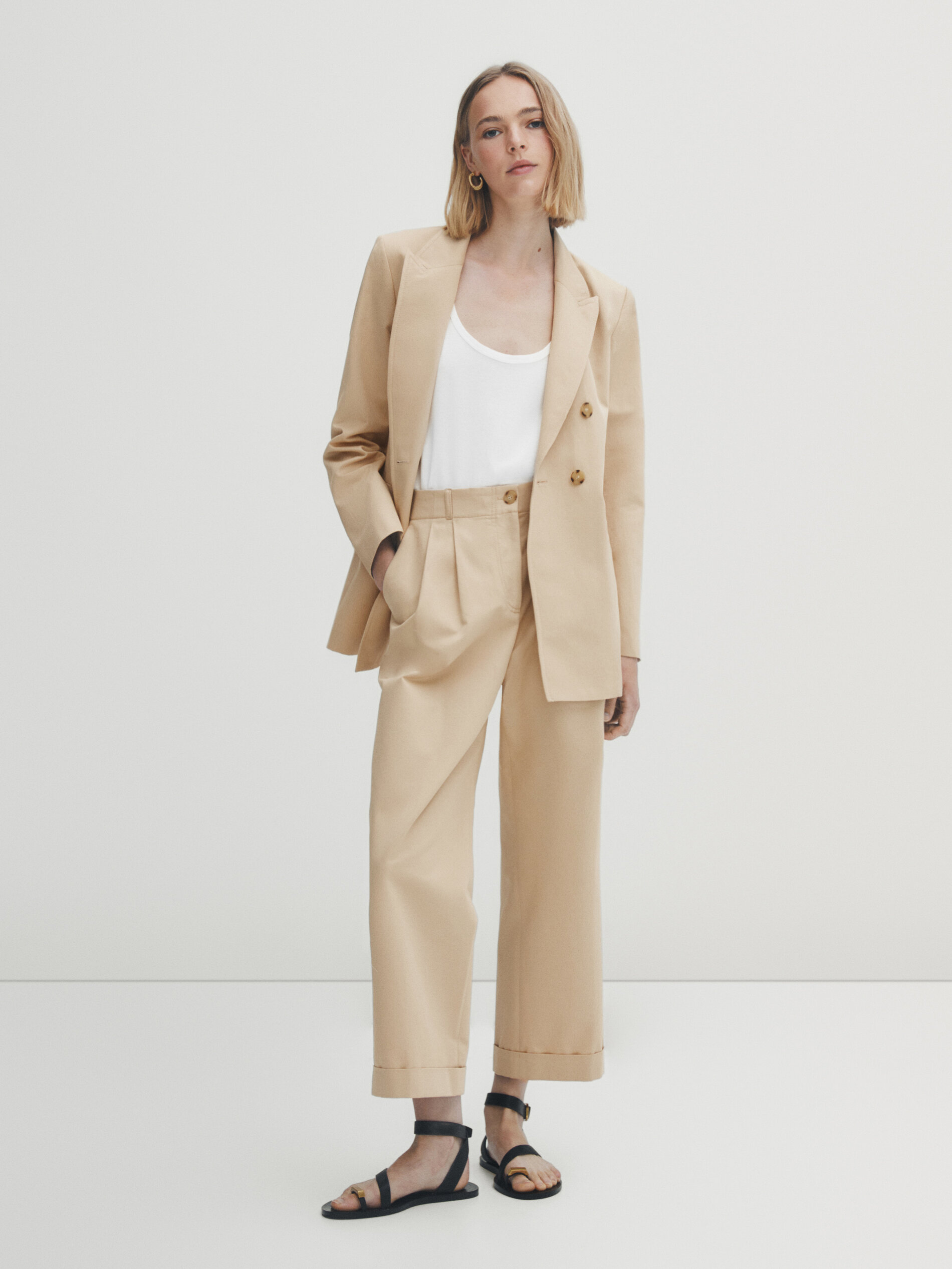 Pantalón pinzas cintura elástica - Beige Claro