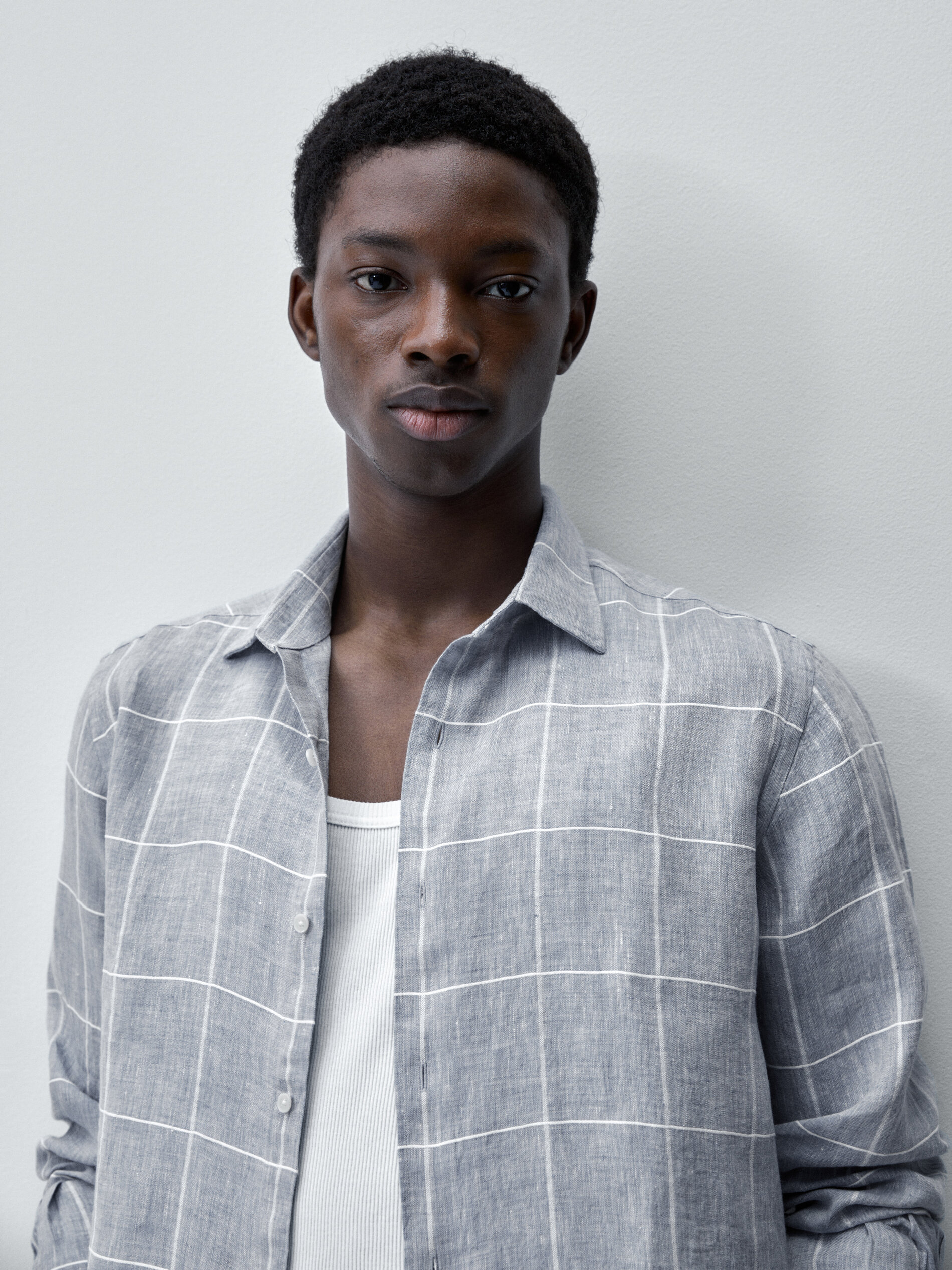 Camisa cuadros mezcla lino slim fit - CELESTE