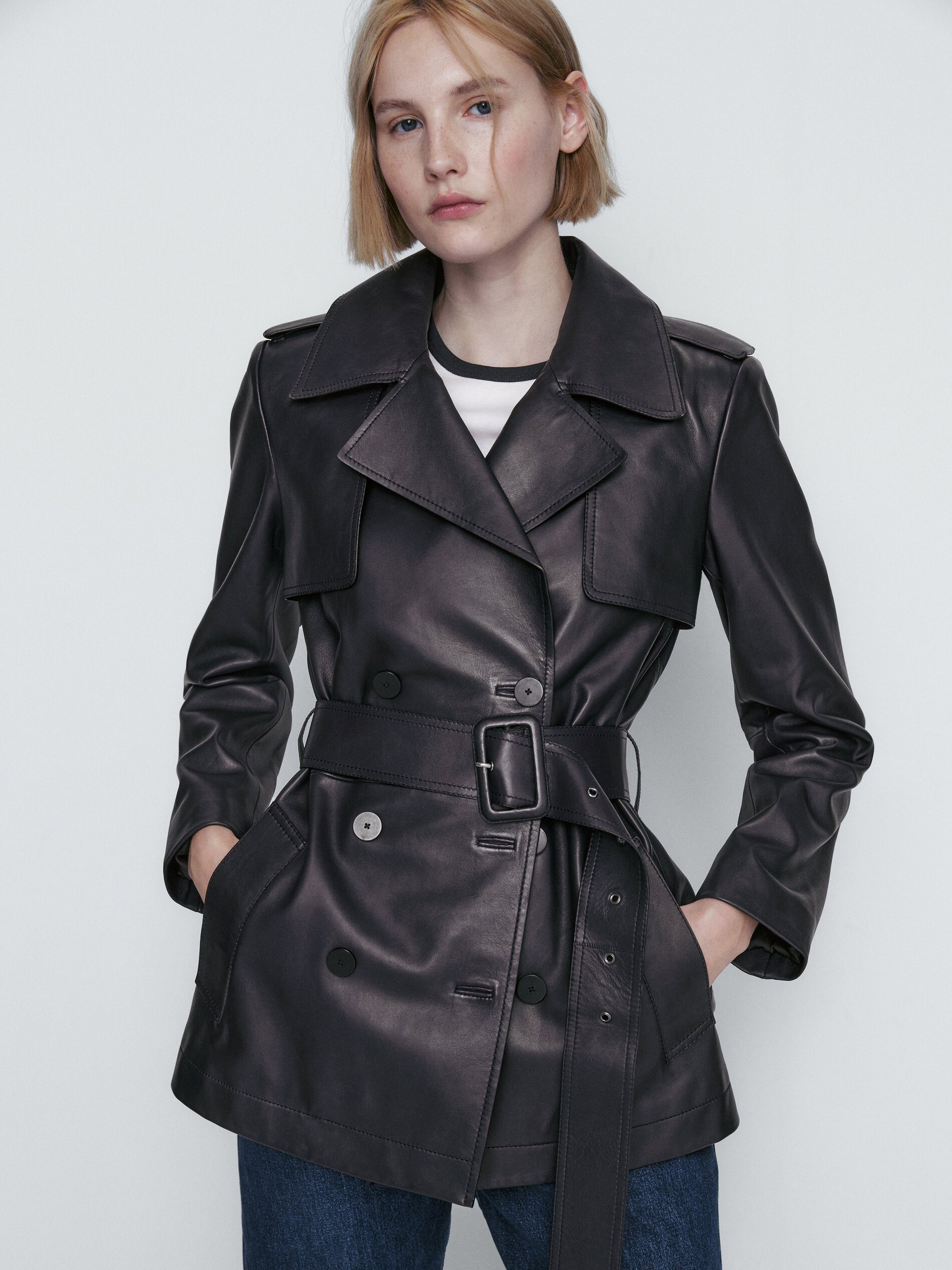 Chaqueta trench corta piel napa - AZUL MARINO