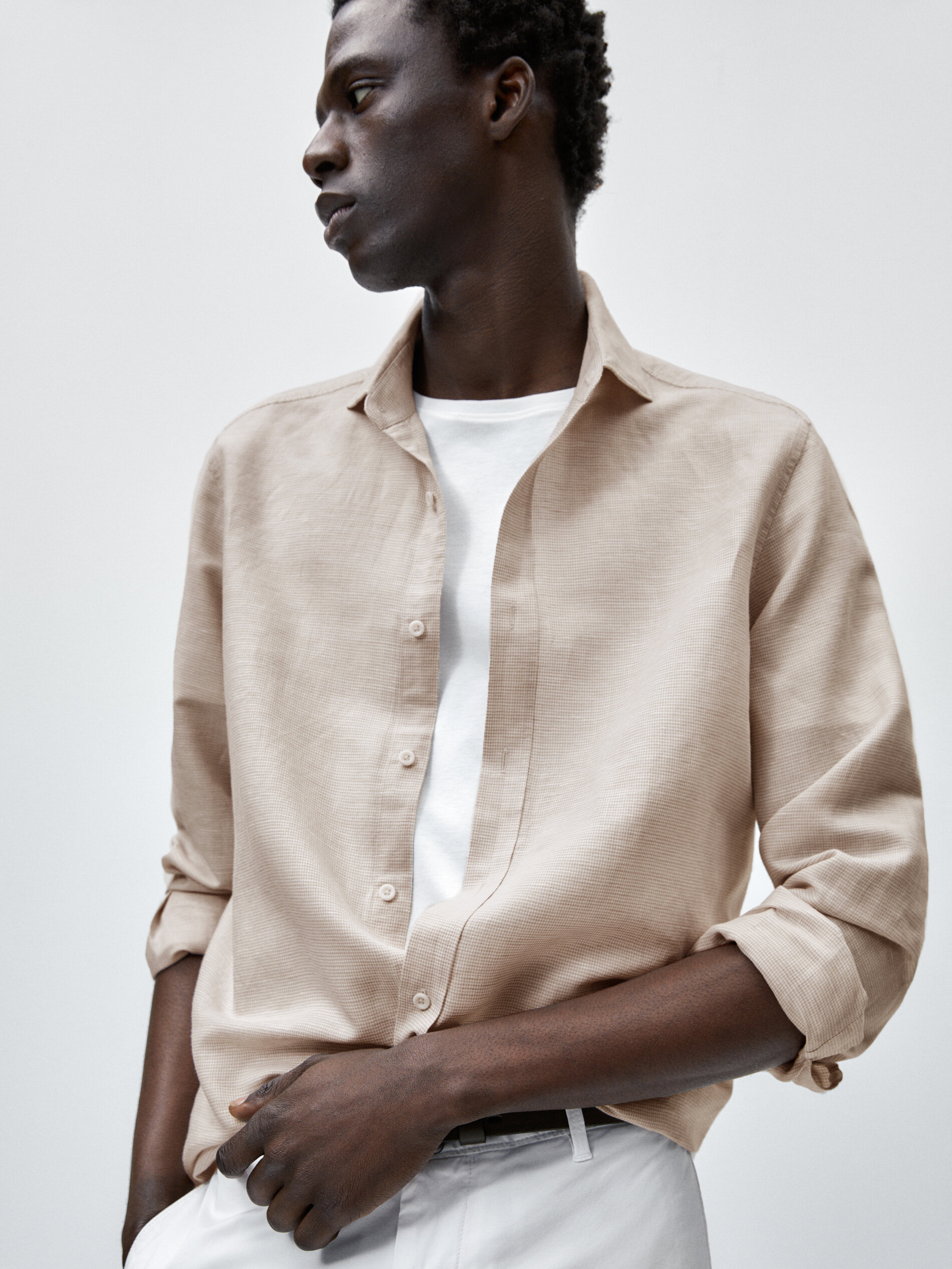 Camisa con lino pata de gallo slim fit - BEIGE