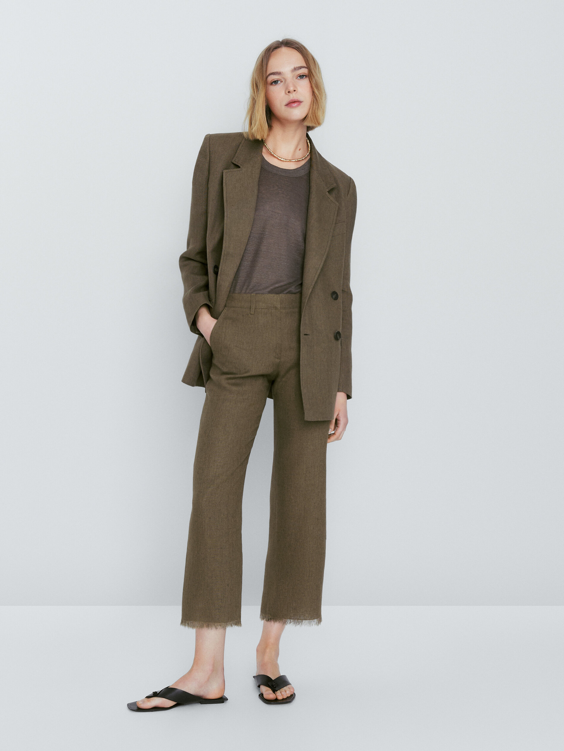 Americana traje cruzada lino rústico - OLIVA OSC