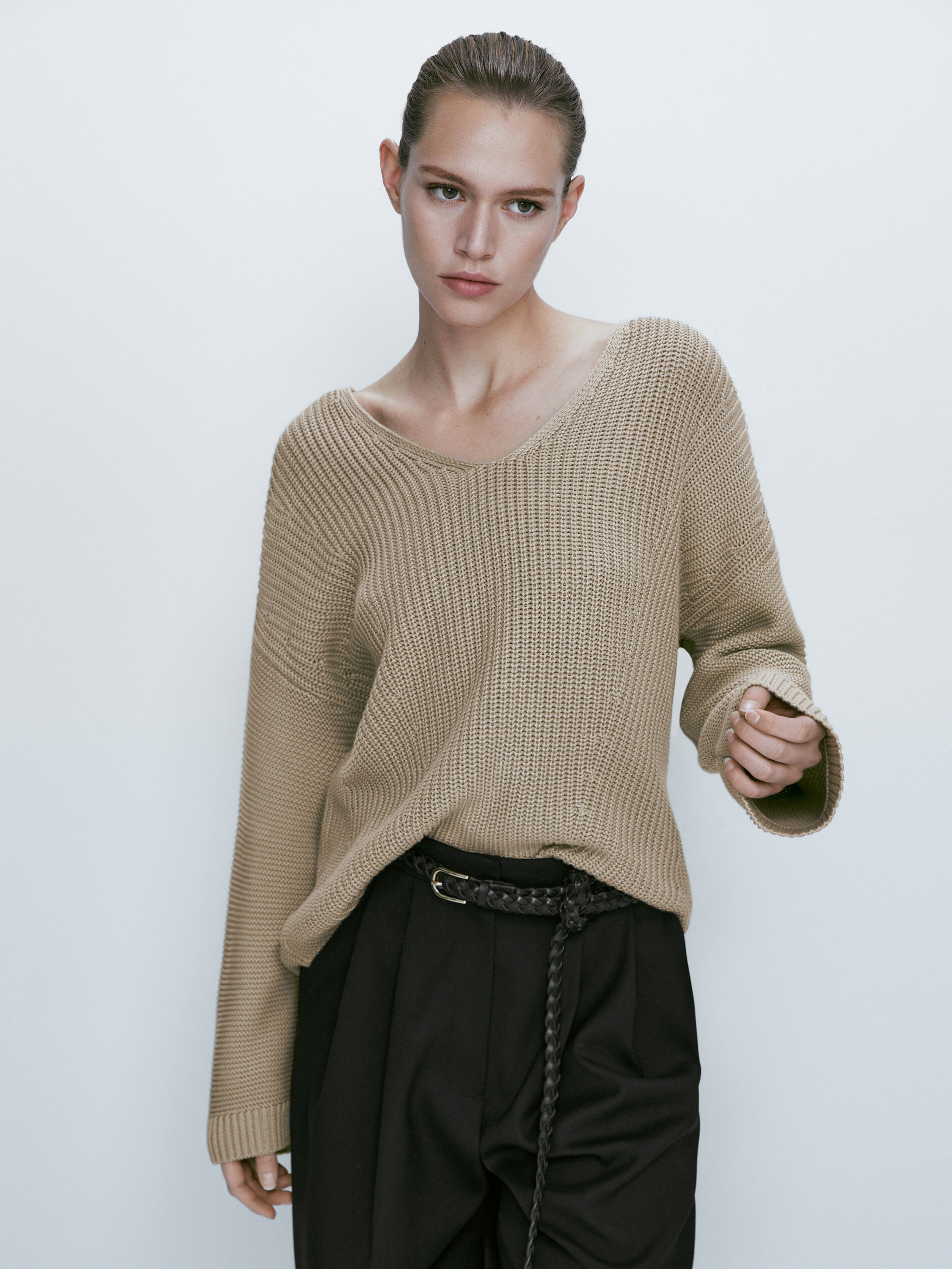 Jersey punto perlado detalle mangas - Piedra