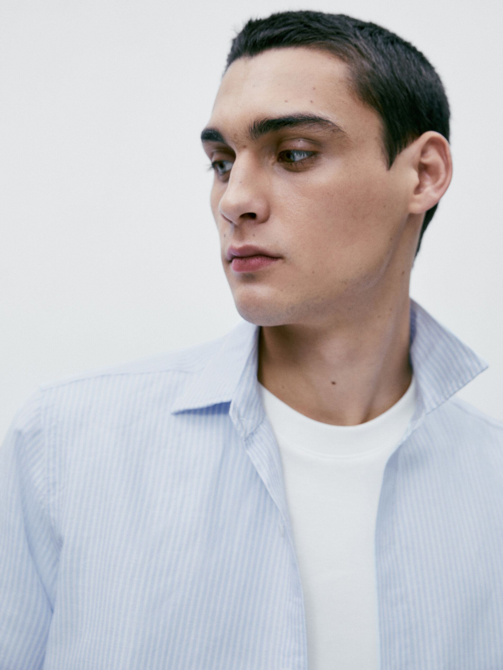 Camisa rayas con lino y algodón slim fit - Azul celeste