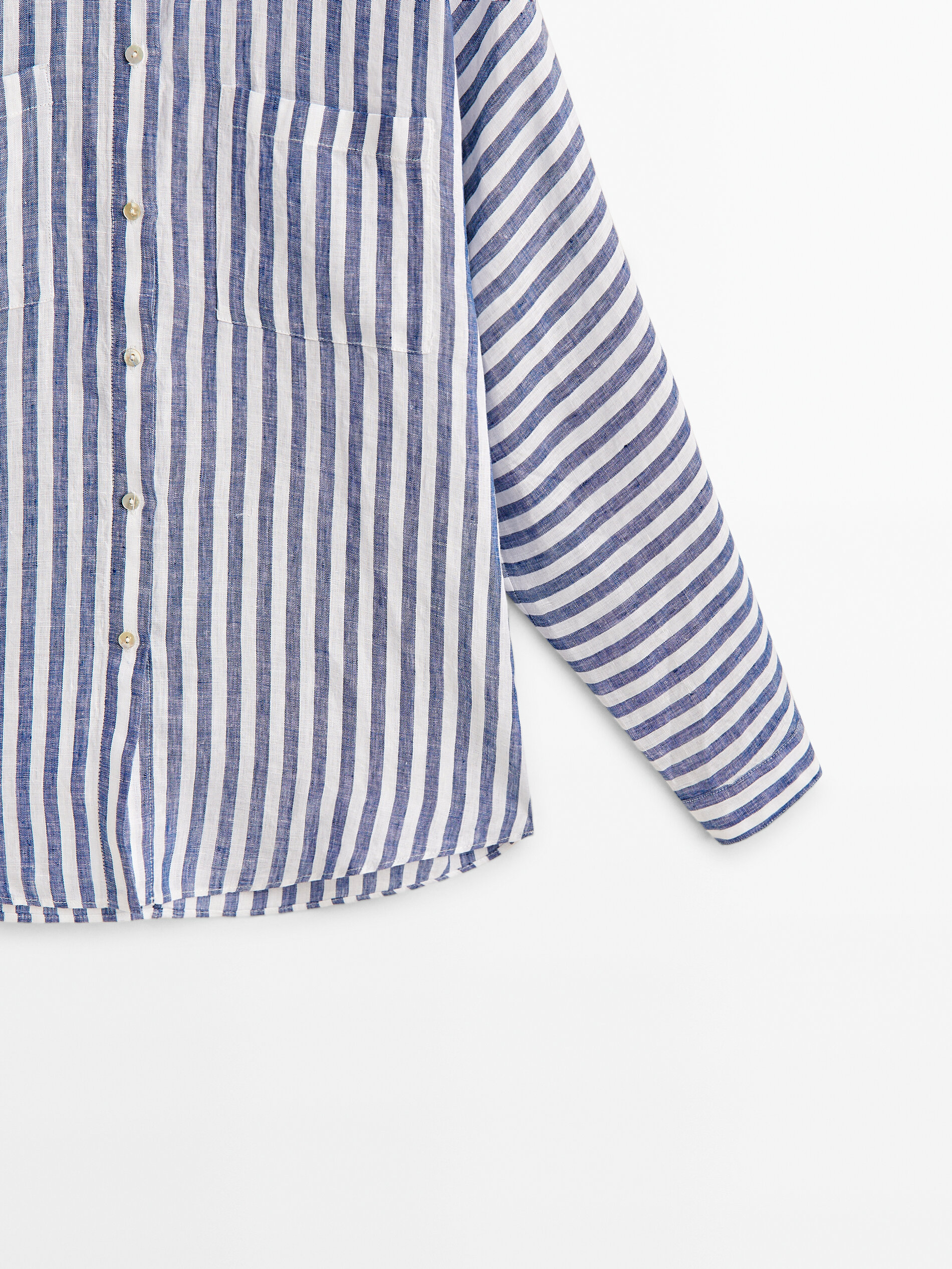 Camisa rayas 100% lino bolsillos - AZUL